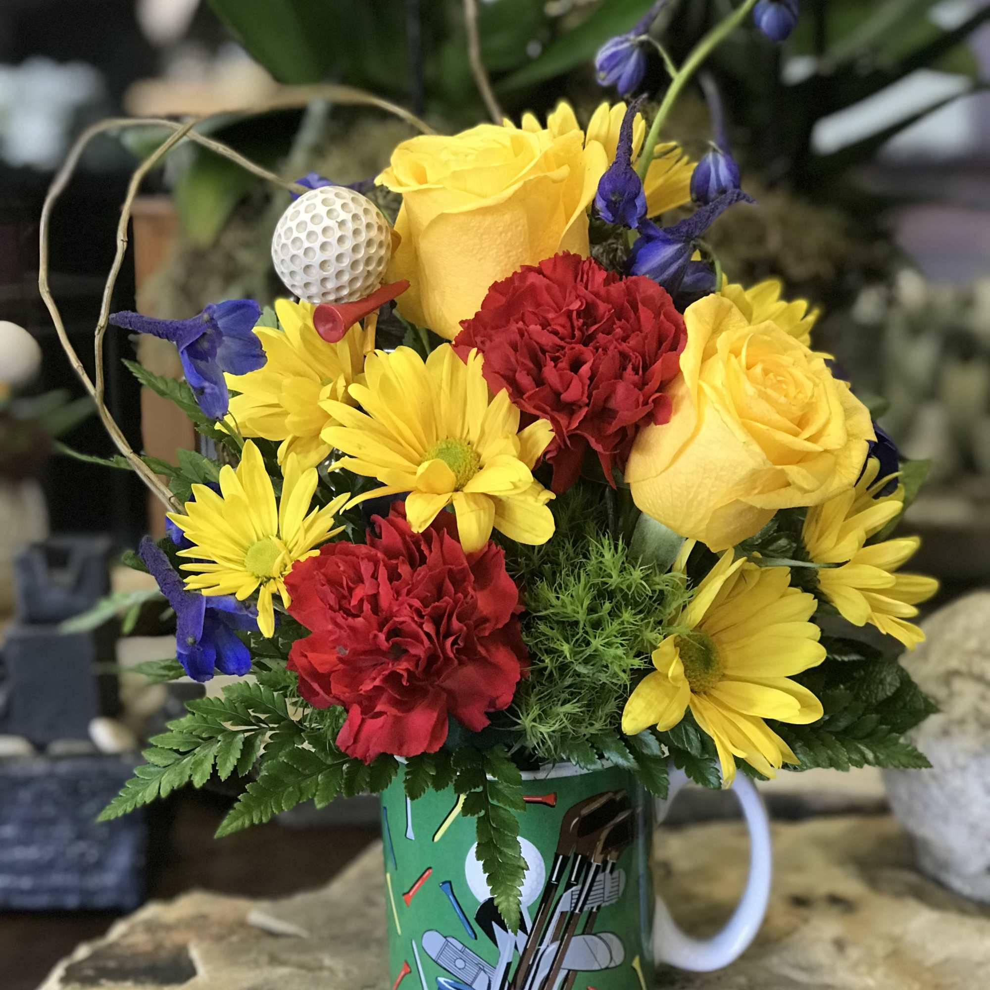 Perfect for Father's Day, Mug with Yellow roses, Red carnations, daisies, blue