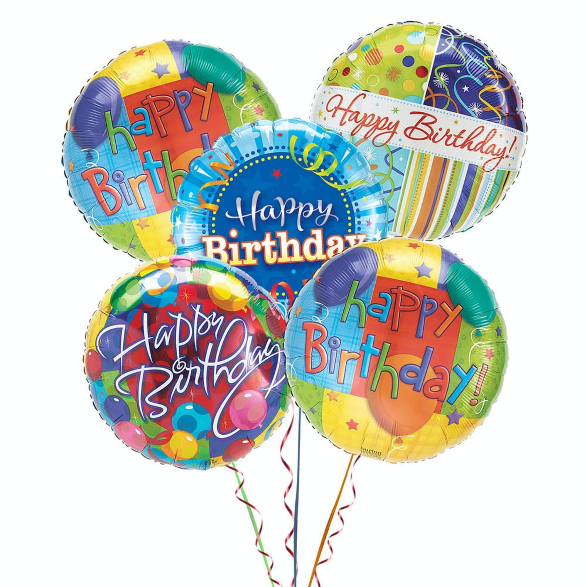 Cluster of colorful birthday balloons with curling ribbons
