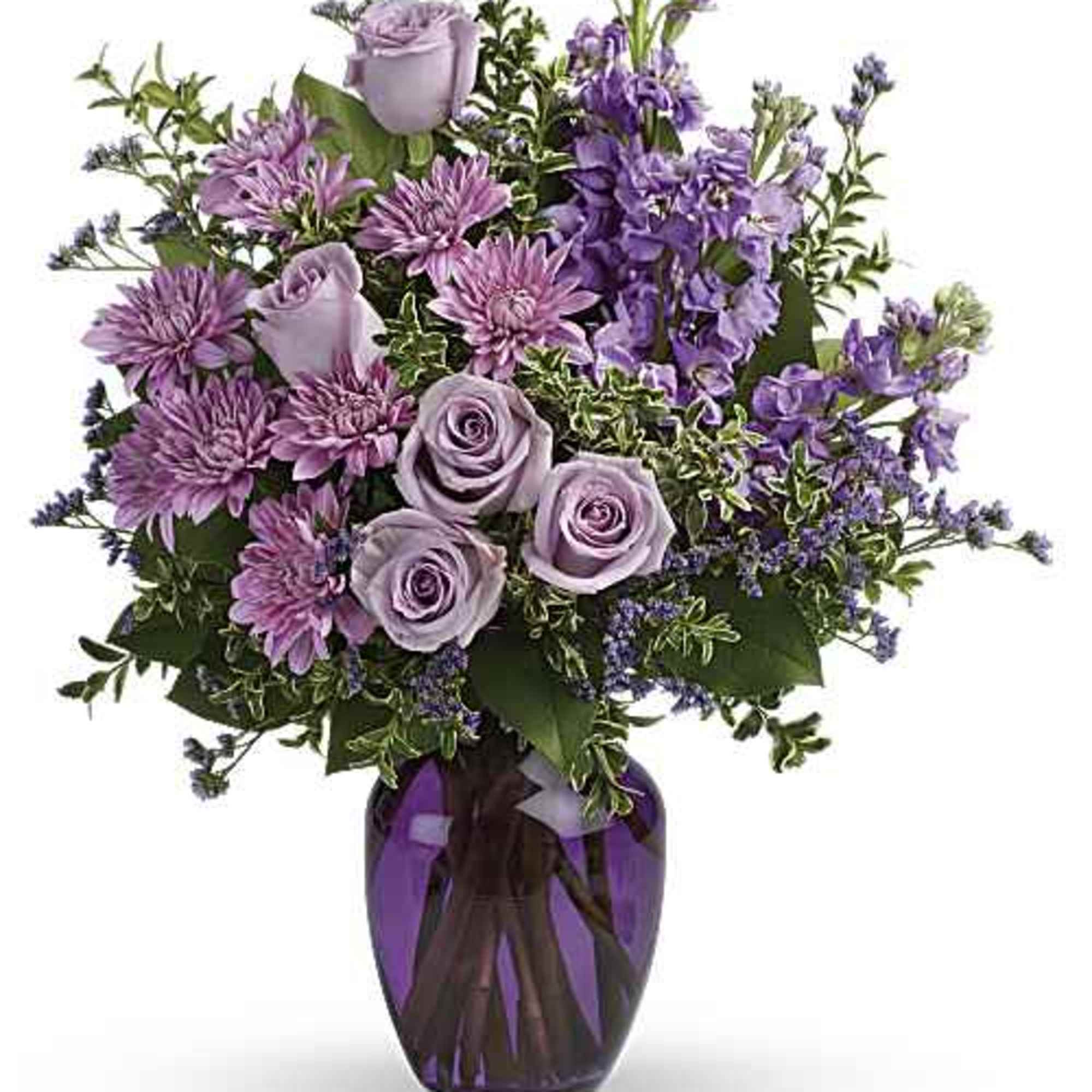 Soft lavender roses and dusky pink‑purple chrysanthemums come together in a lush