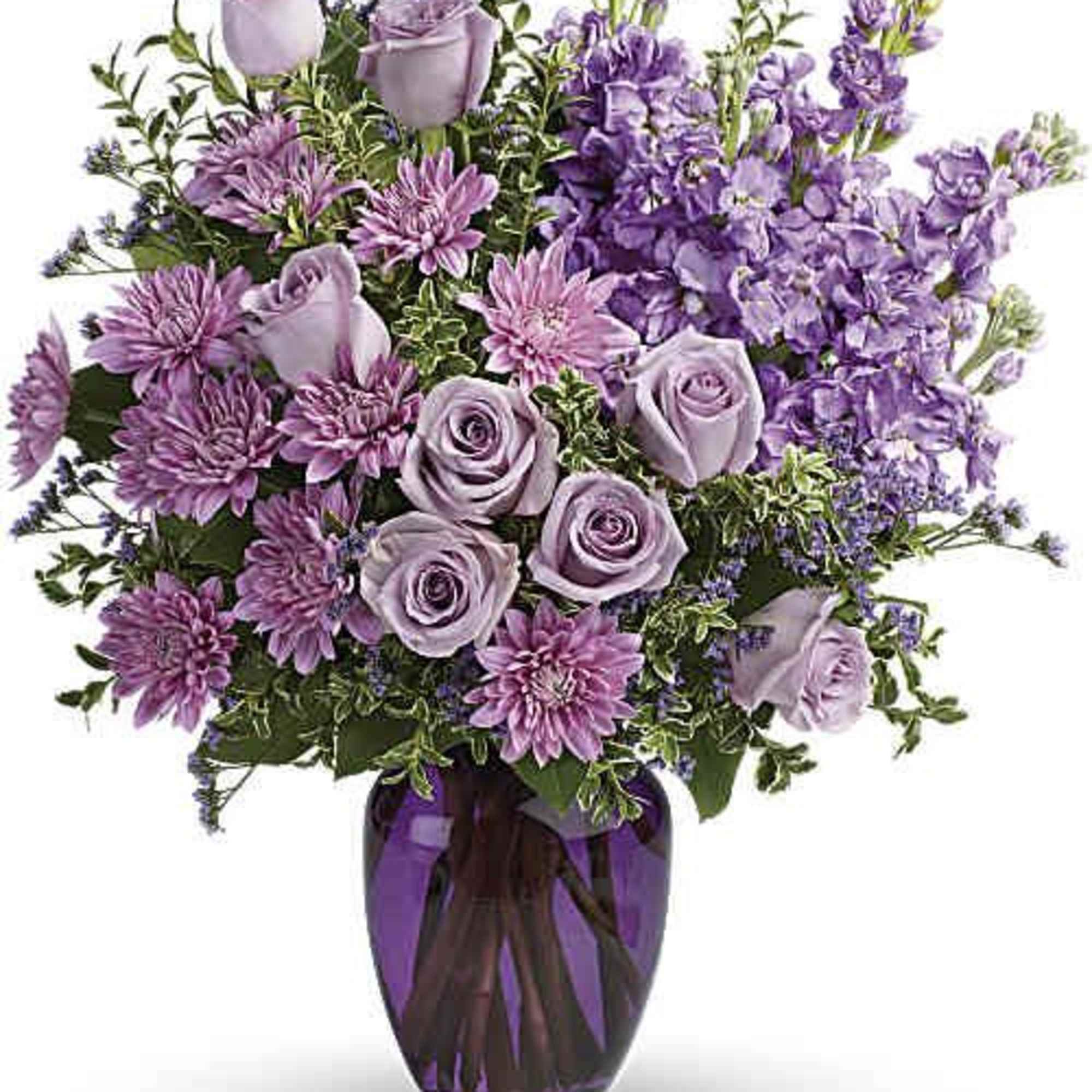 Soft lavender roses and dusky pink‑purple chrysanthemums come together in a lush