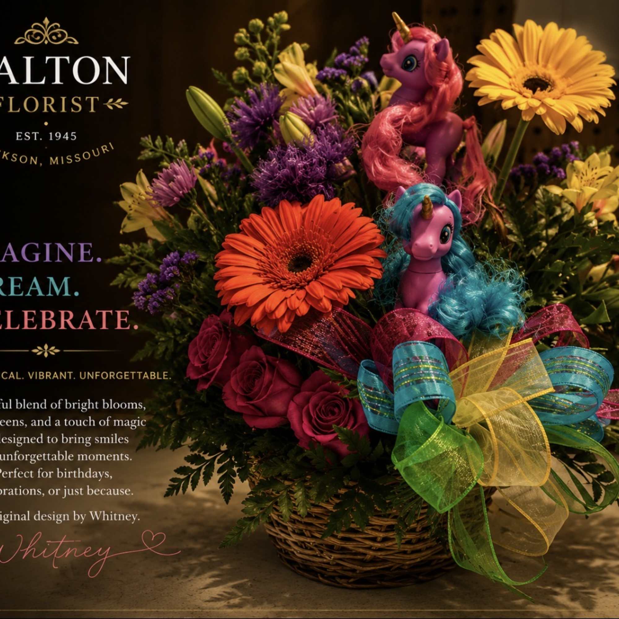 Colorful flower basket with two toy unicorns and a rainbow ribbon bow