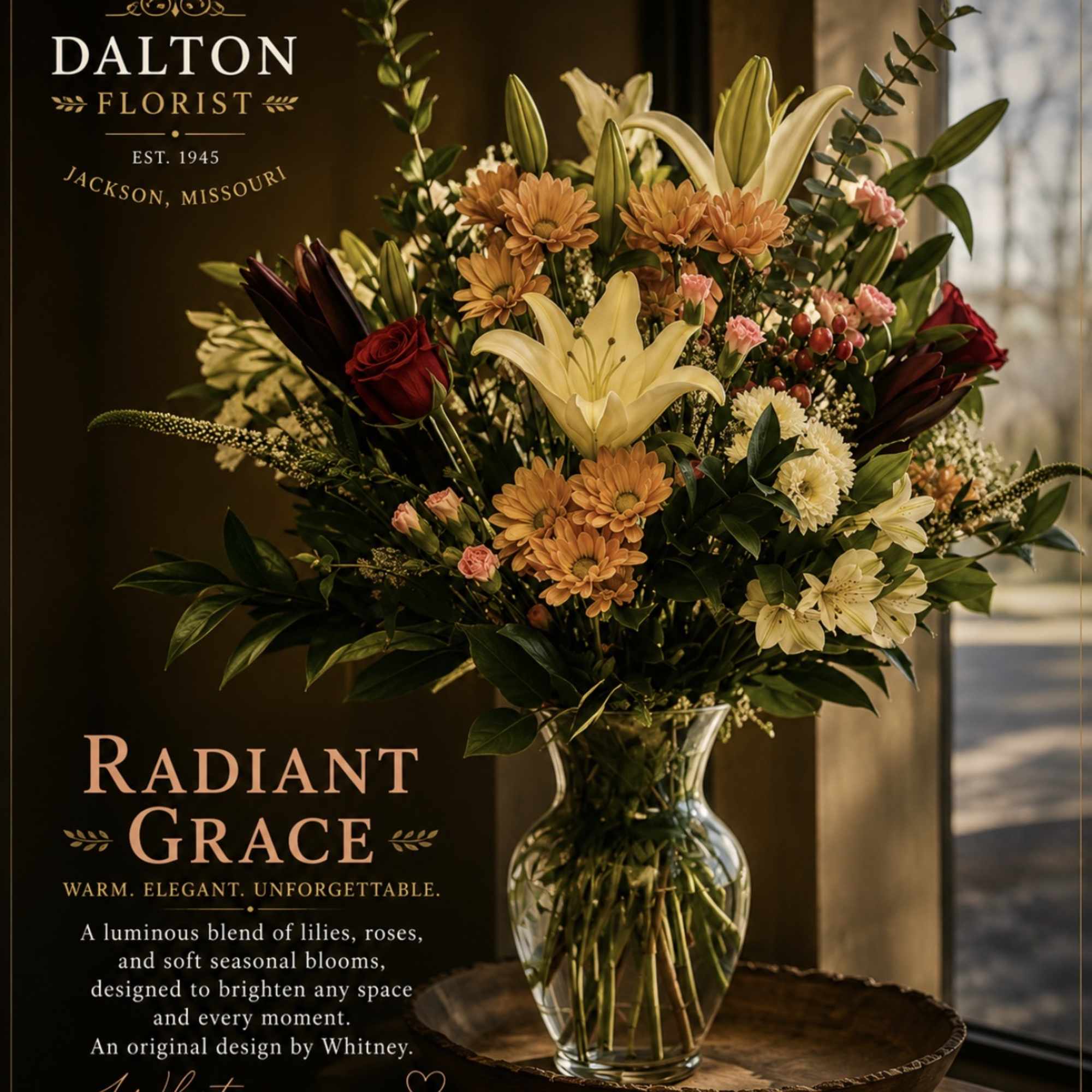 Mixed bouquet of lilies, roses, and daisies in a clear glass vase