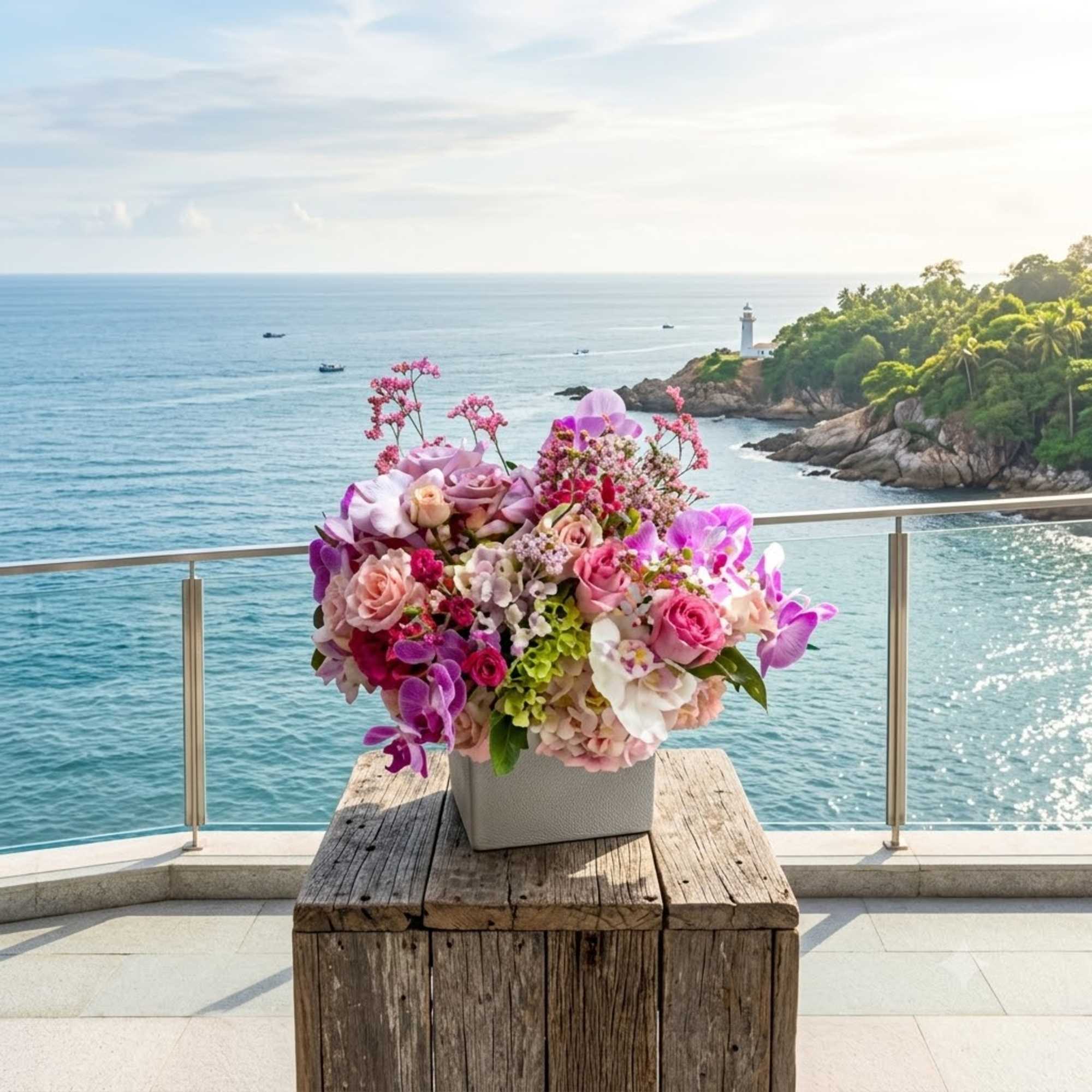 Pink and purple floral arrangement in a white square vase on a wooden table
