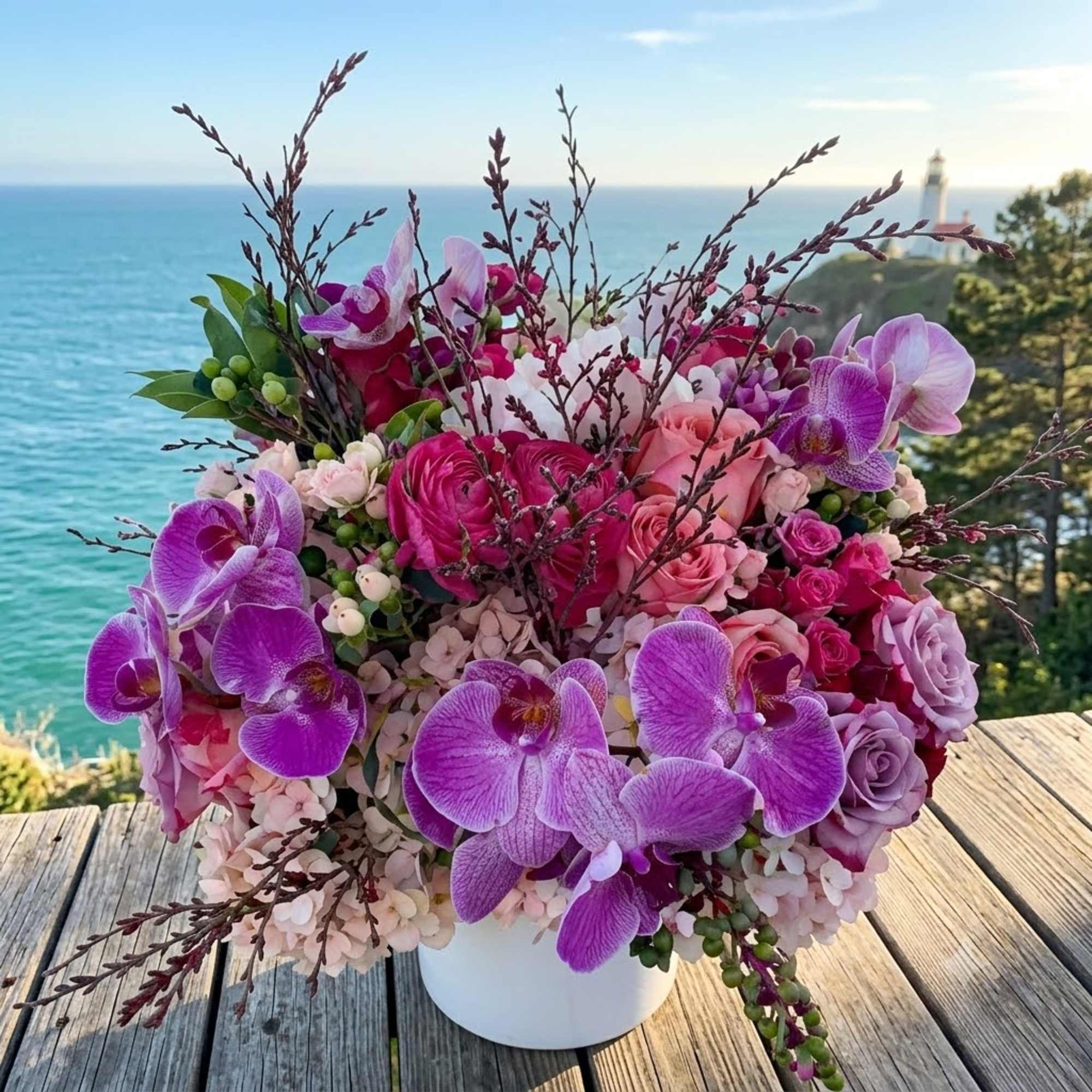 Purple orchids and pink roses arranged in a white vase