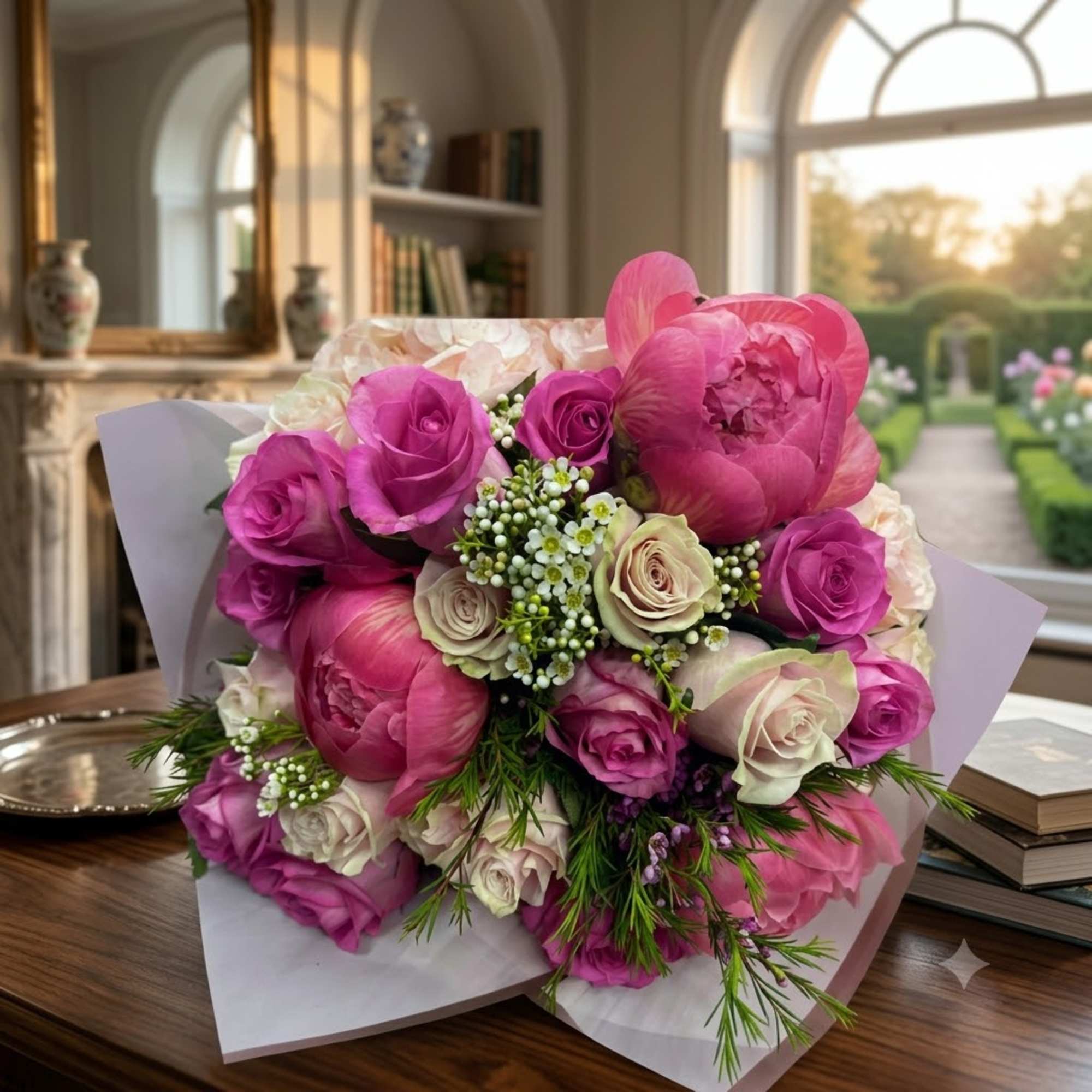 Bouquet of pink and cream roses with large pink peonies