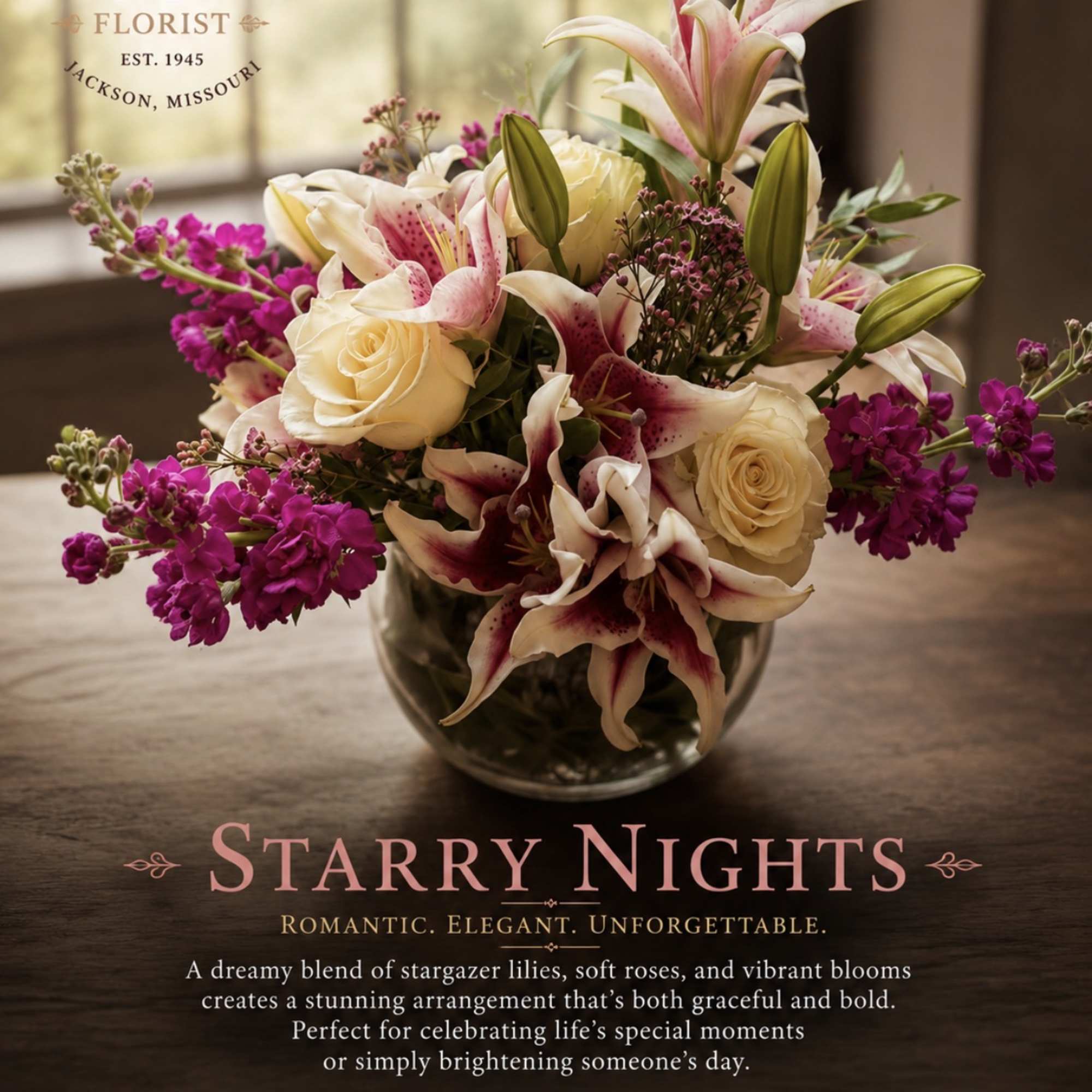 Bouquet of pink lilies, cream roses, and purple blooms in a glass vase