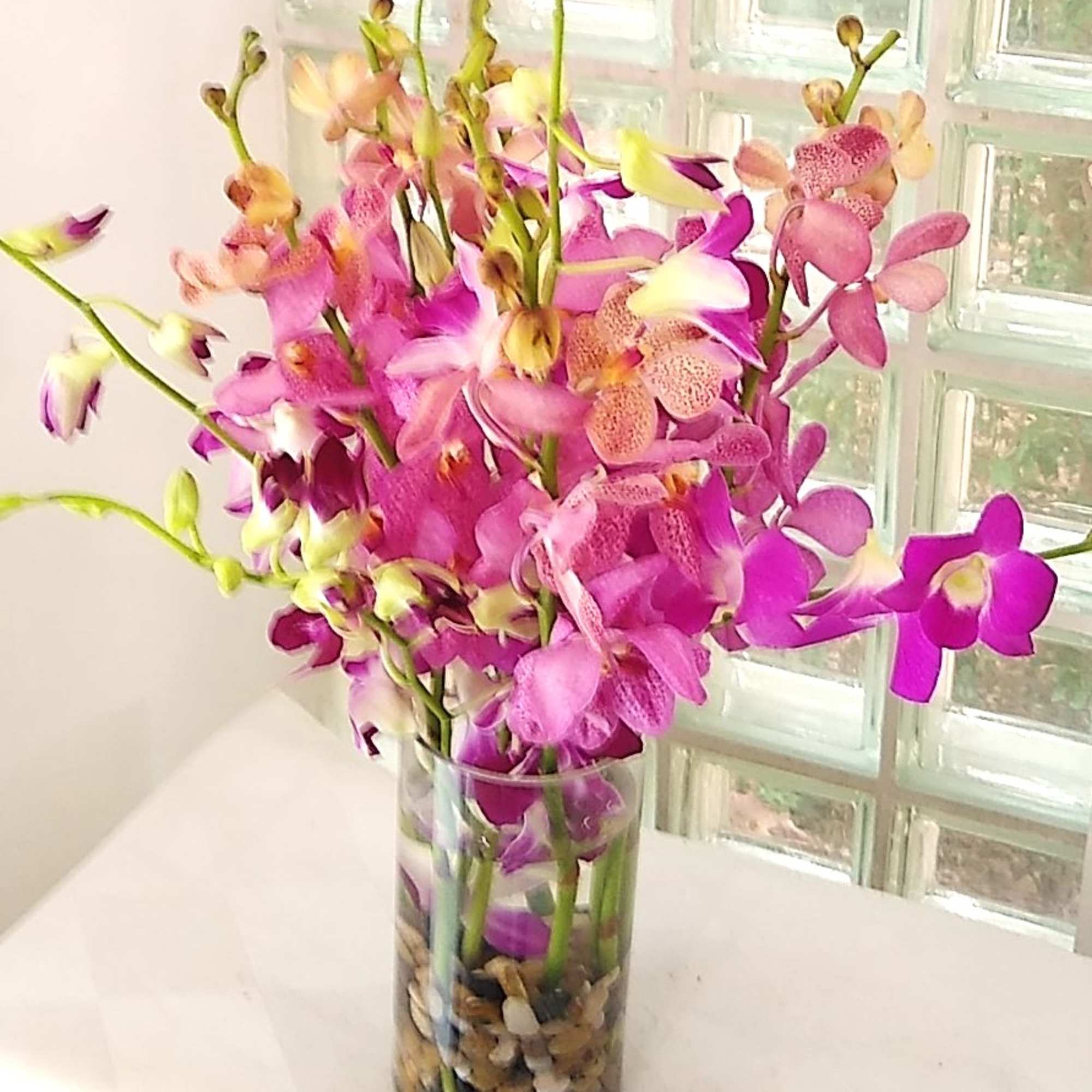 Pink and purple orchids in a clear glass vase with pebbles