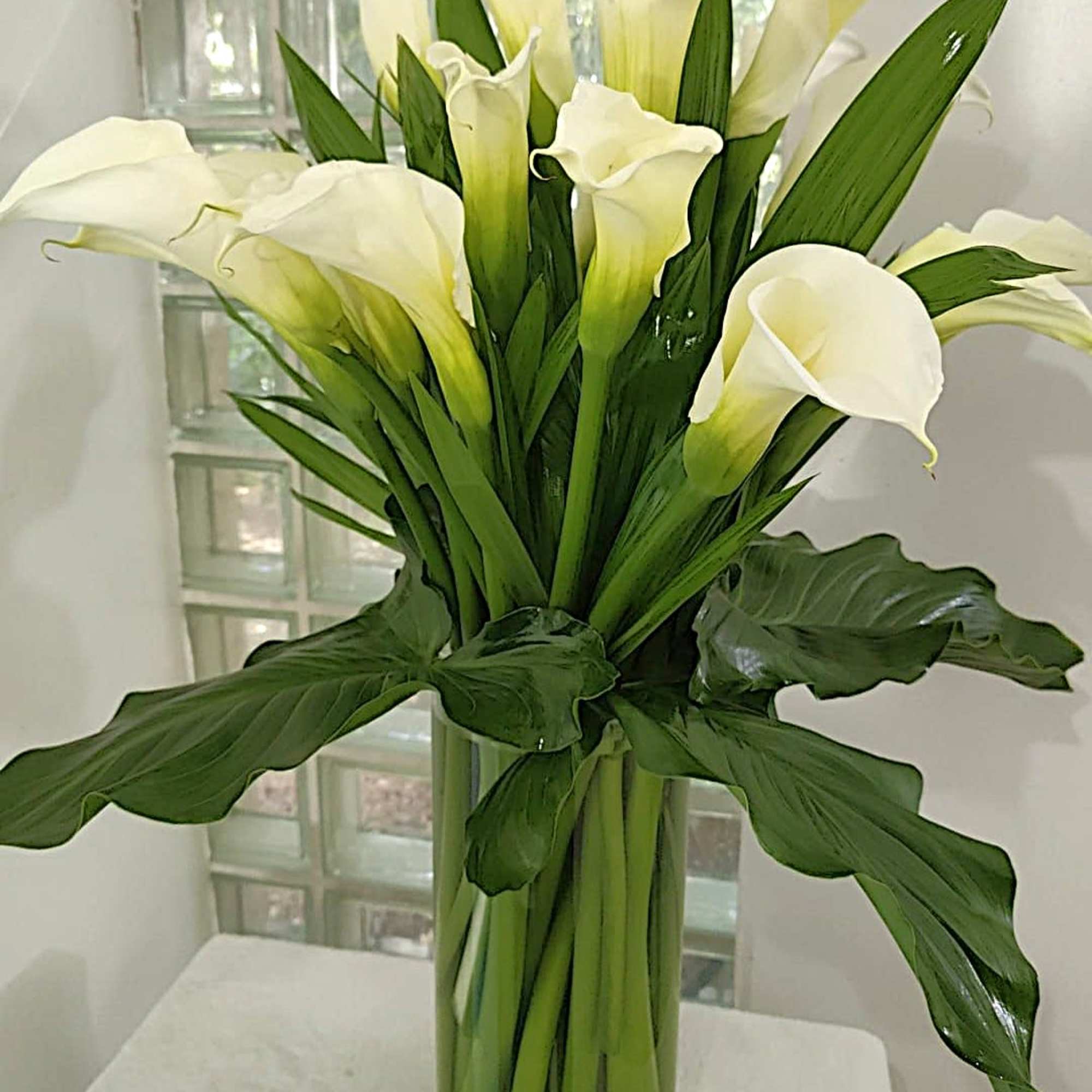 White calla lilies in a tall glass vase