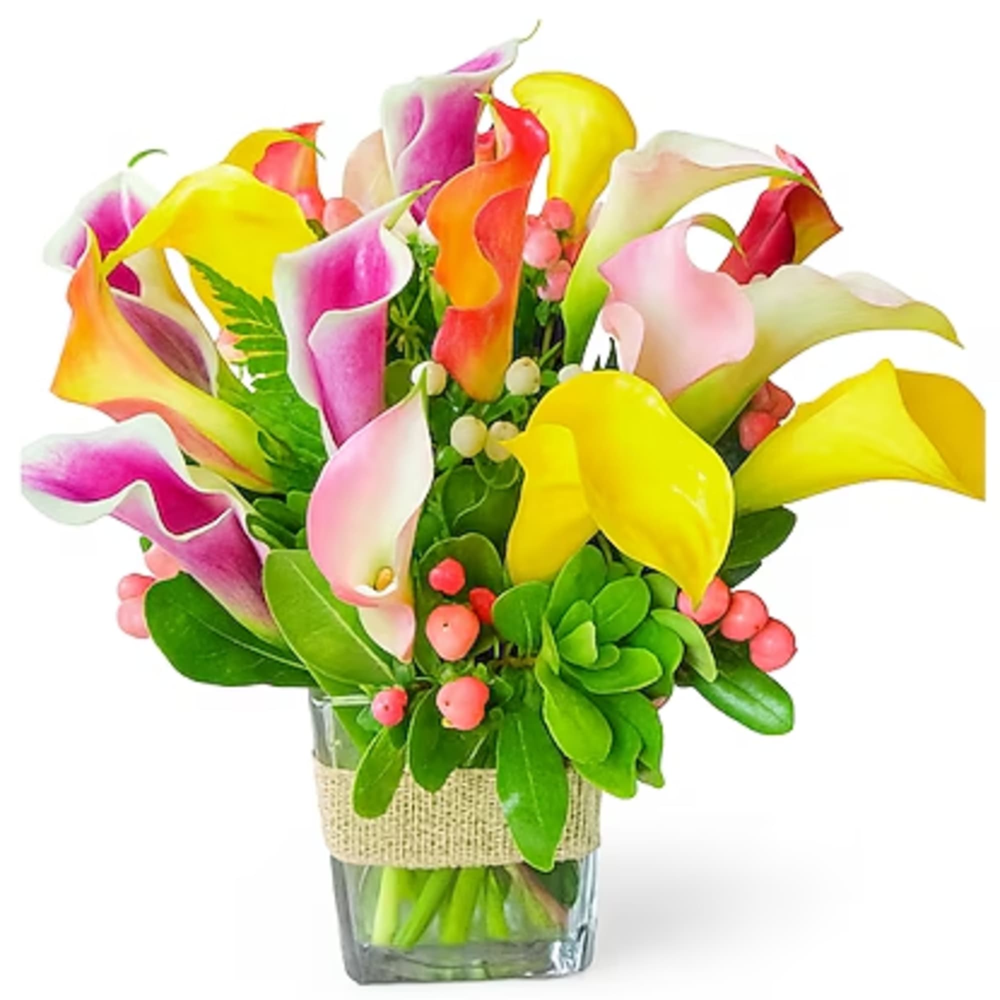 A compact cluster of pink, peach, purple, yellow, white and/or soft coral