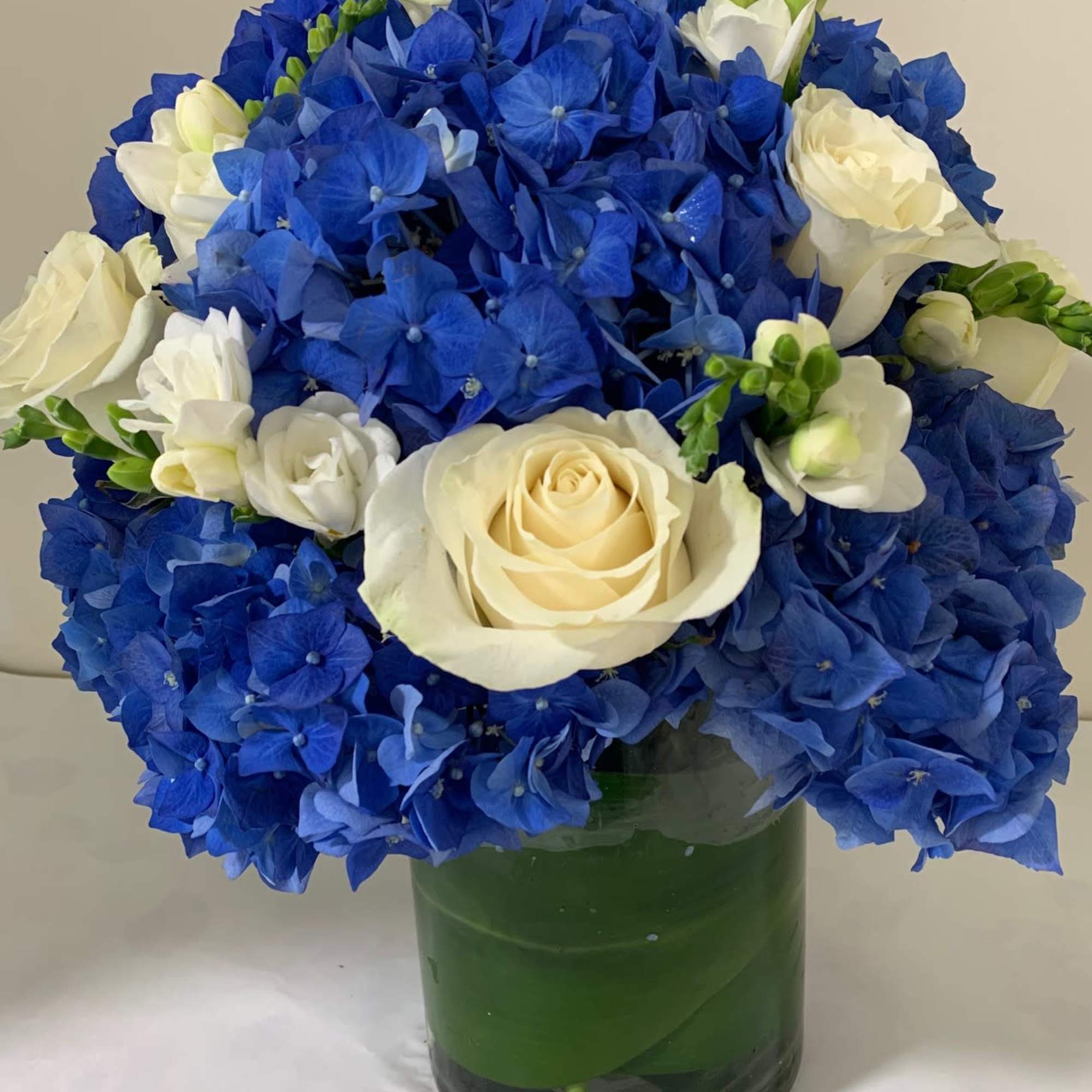 Beautiful arrangement, made with the finest Blue Dutch Hydrangea and White Roses