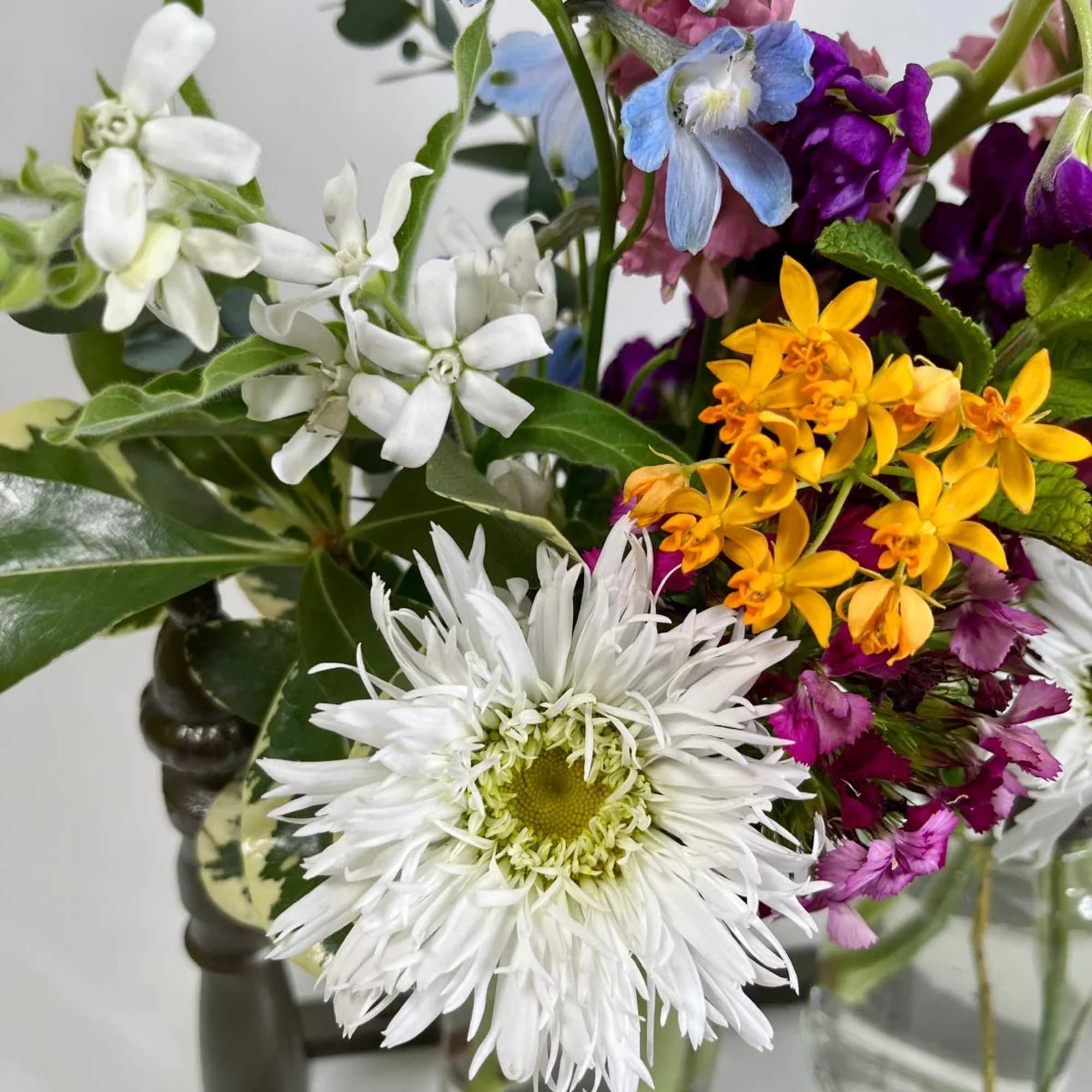 Mixed bouquet with white daisy-like blooms and colorful small flowers in glass vases