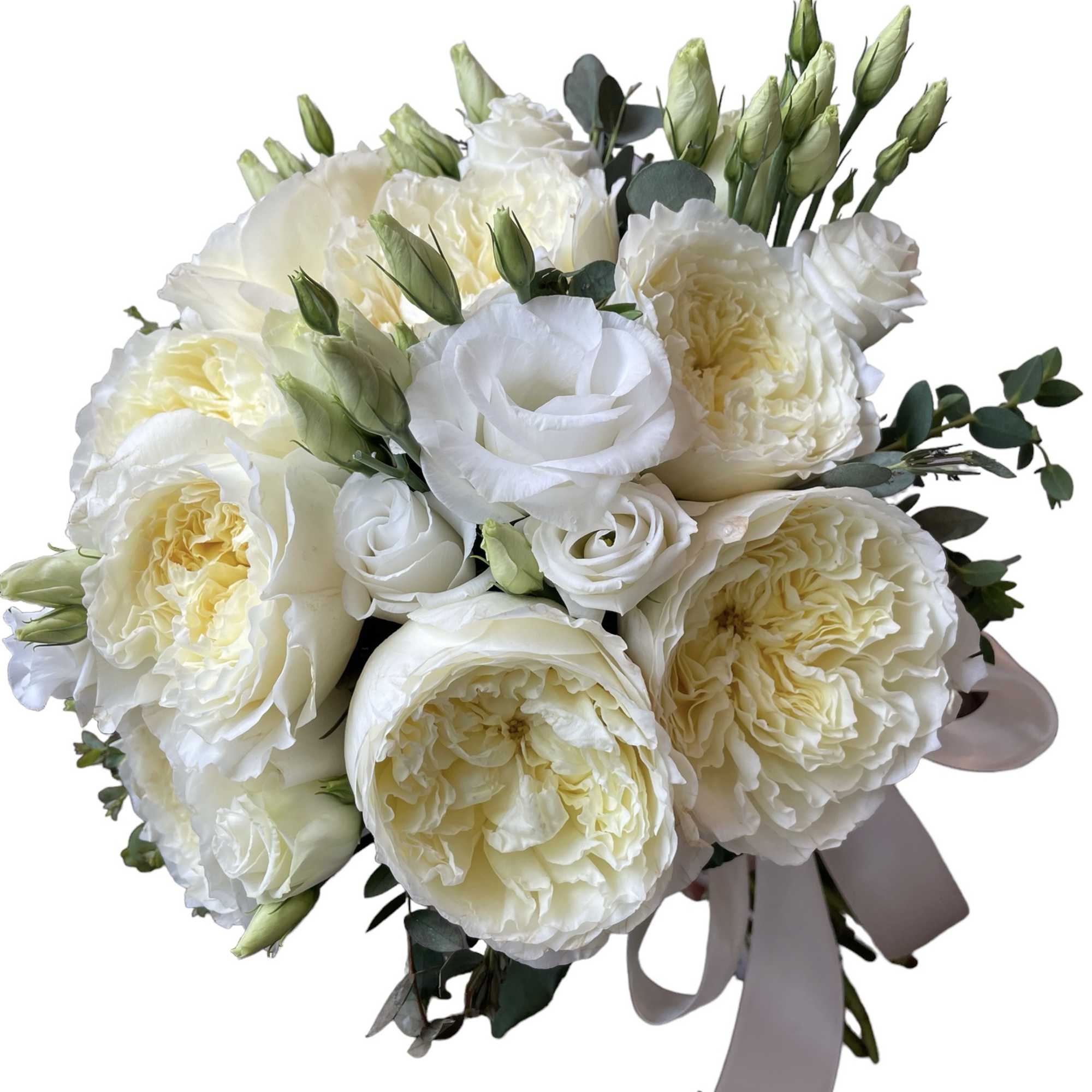 White rose bouquet with pale cream blooms and green buds tied with a ribbon