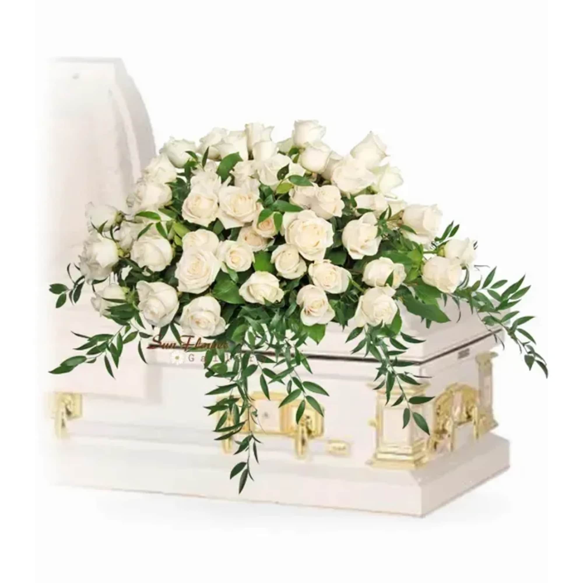 Classic White Rose Casket spray.
