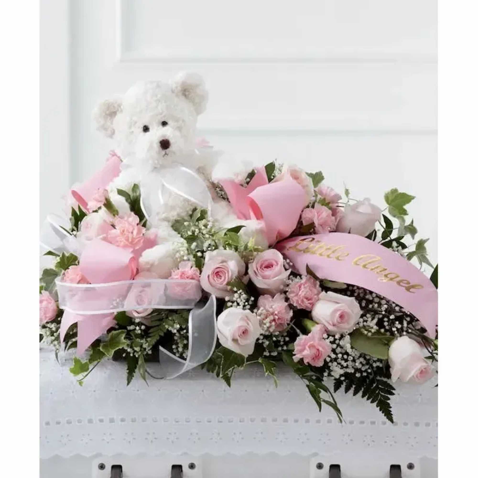 Soft Colour Roses With A Bear For An Infant.
