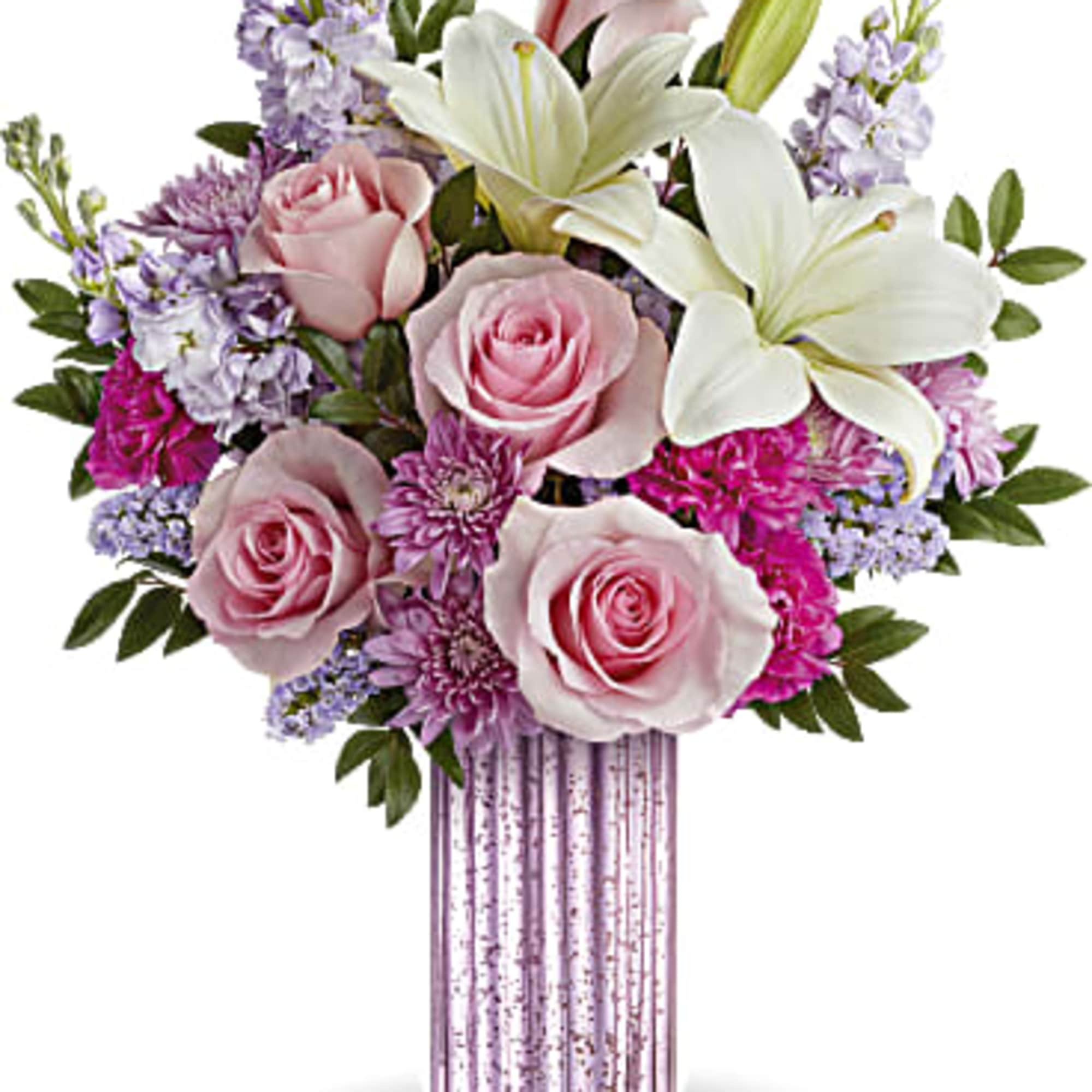Pink roses and white lilies in a striped vase