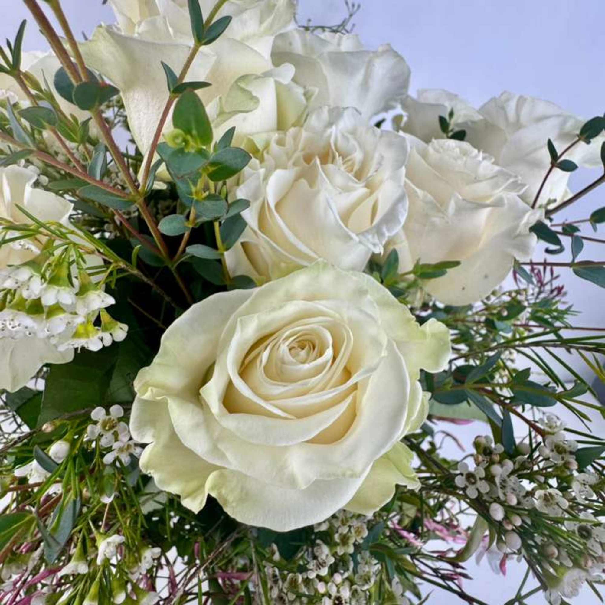 Bouquet of white roses with small white filler flowers and greenery