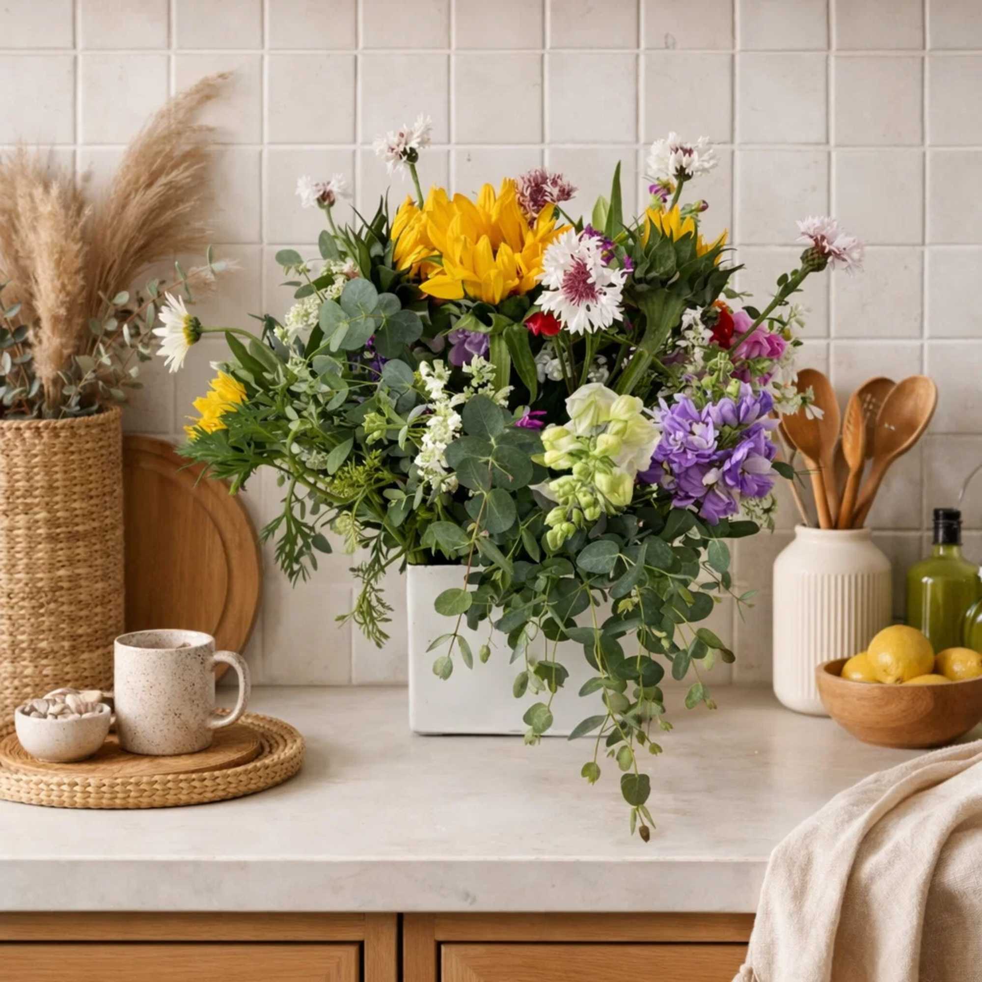 Mixed bouquet in a white vase with yellow, purple, and white flowers