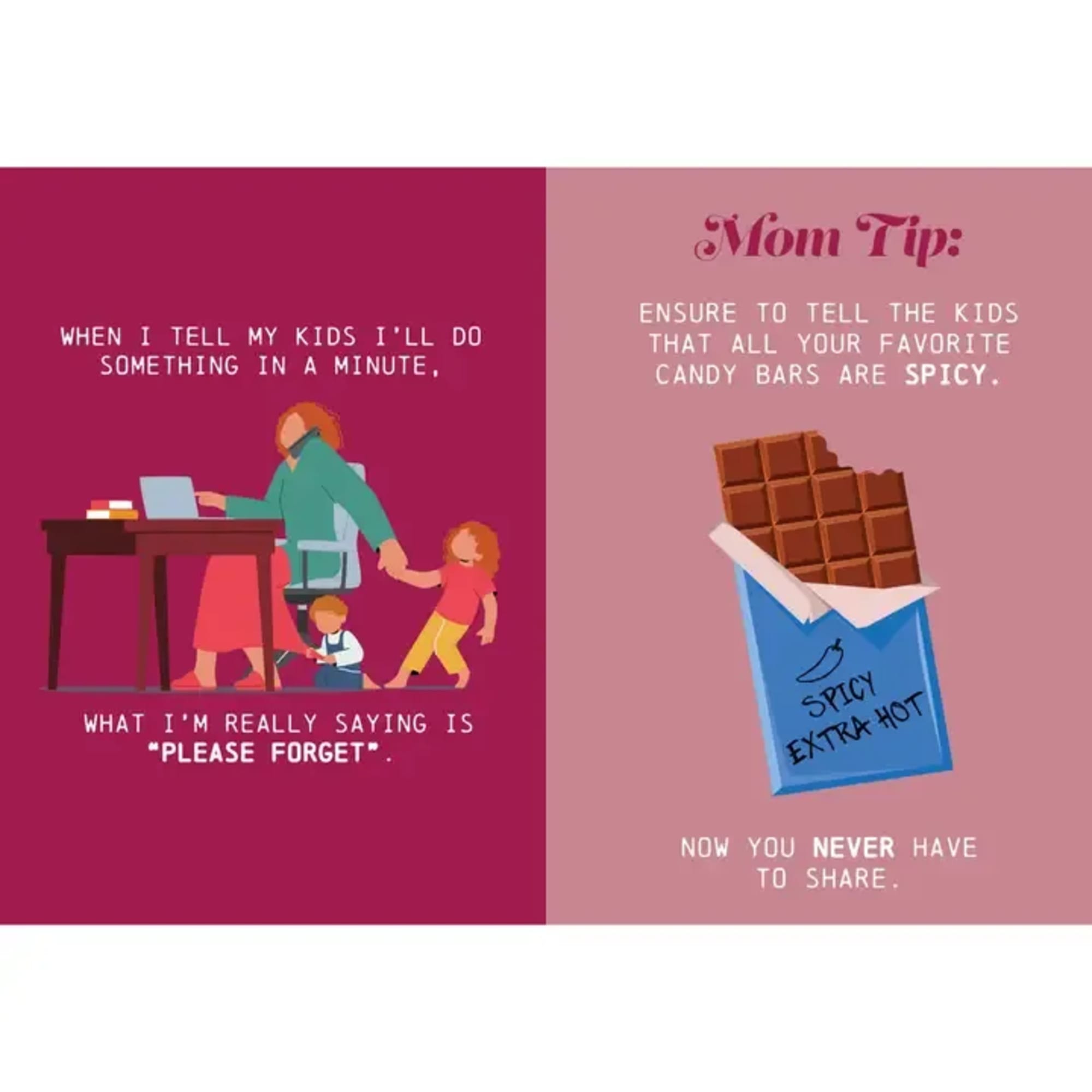 Two-panel graphic with a mom-and-kids illustration and a chocolate bar wrapper