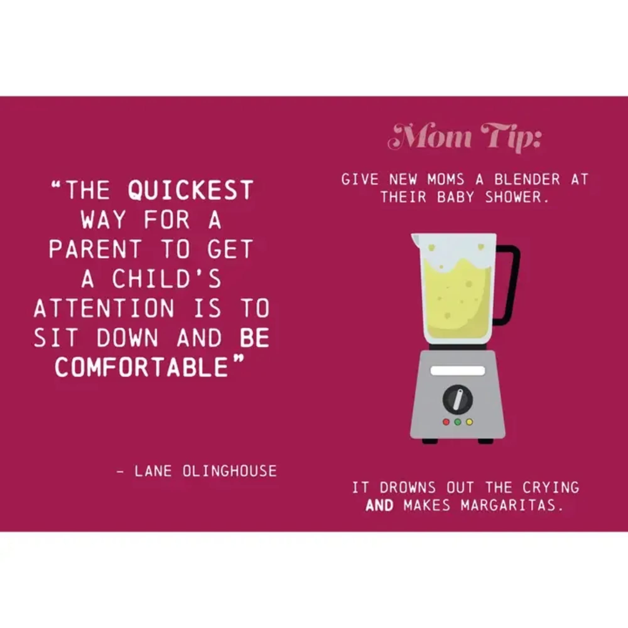 Graphic with a blender and text about giving new moms a blender at a baby shower