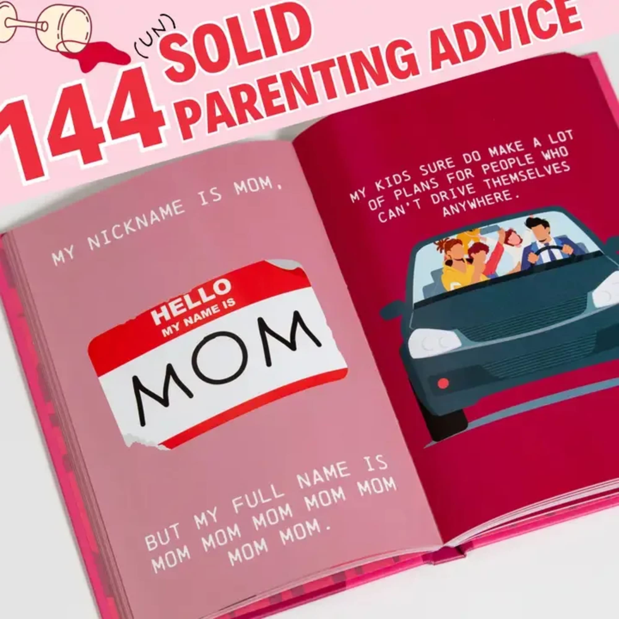 Open book with a red cover and illustrated pages about parenting advice.