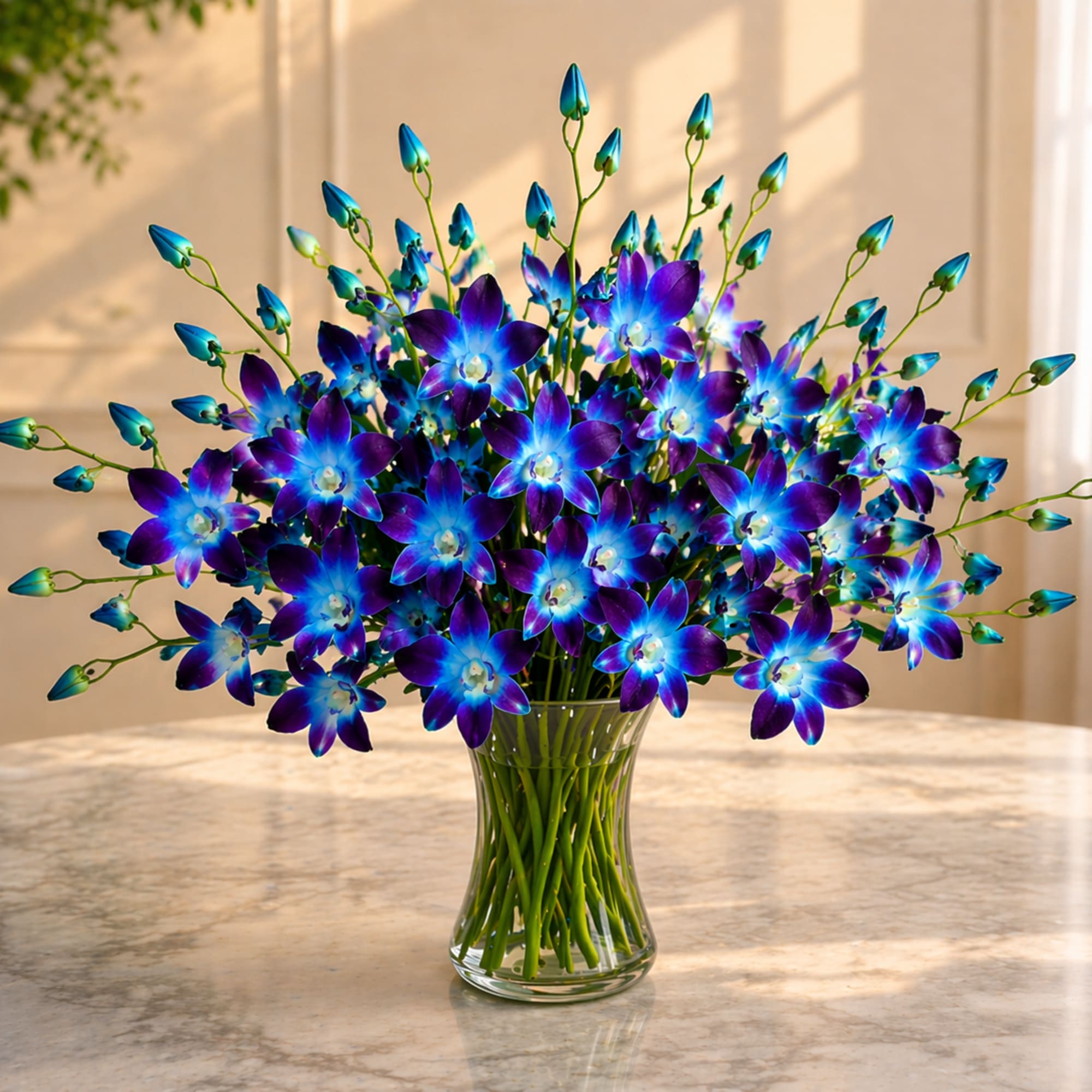 

This elegant blue orchid arrangement is available in both 20 stem and