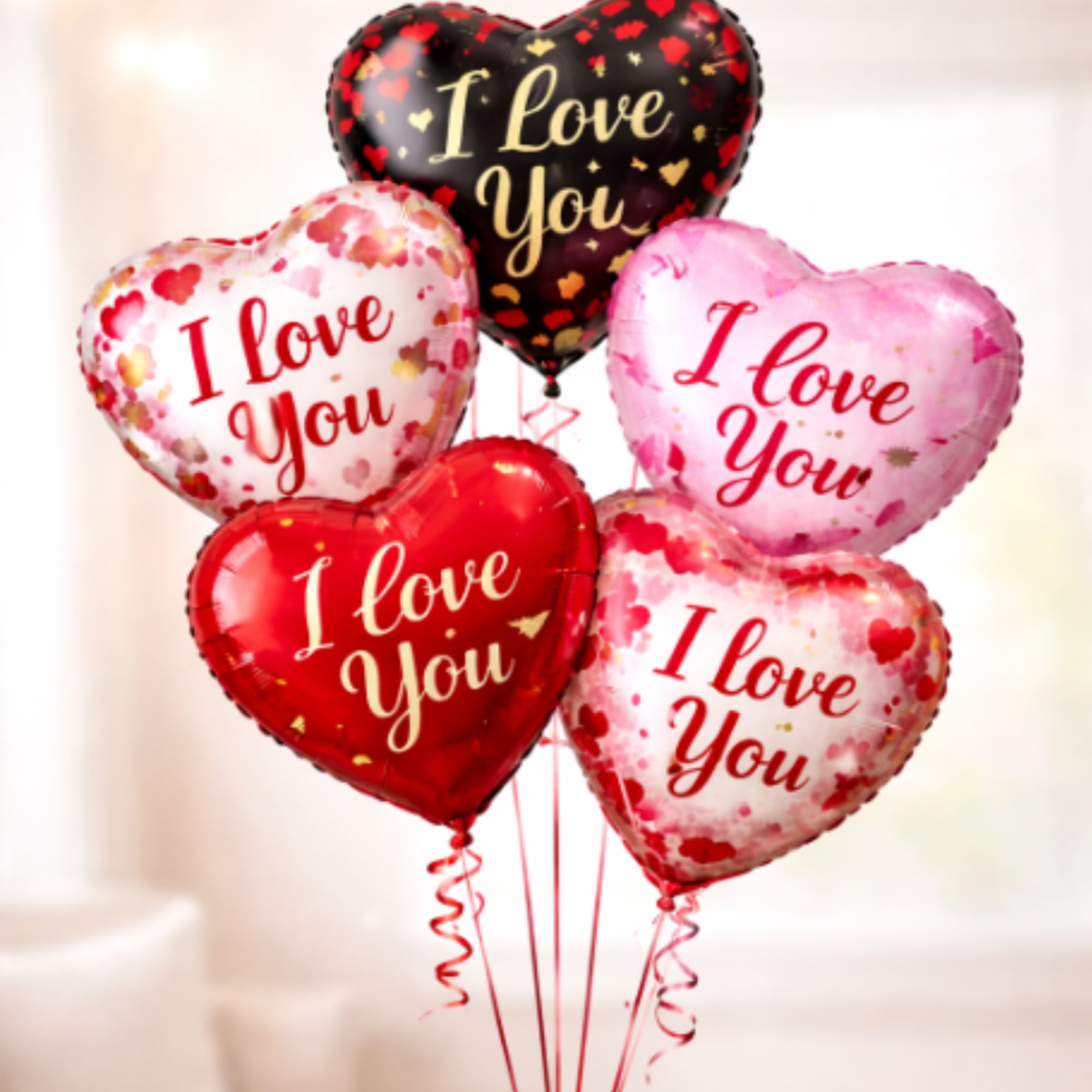 Heart-shaped "I Love You" balloons in red, pink, white, and black