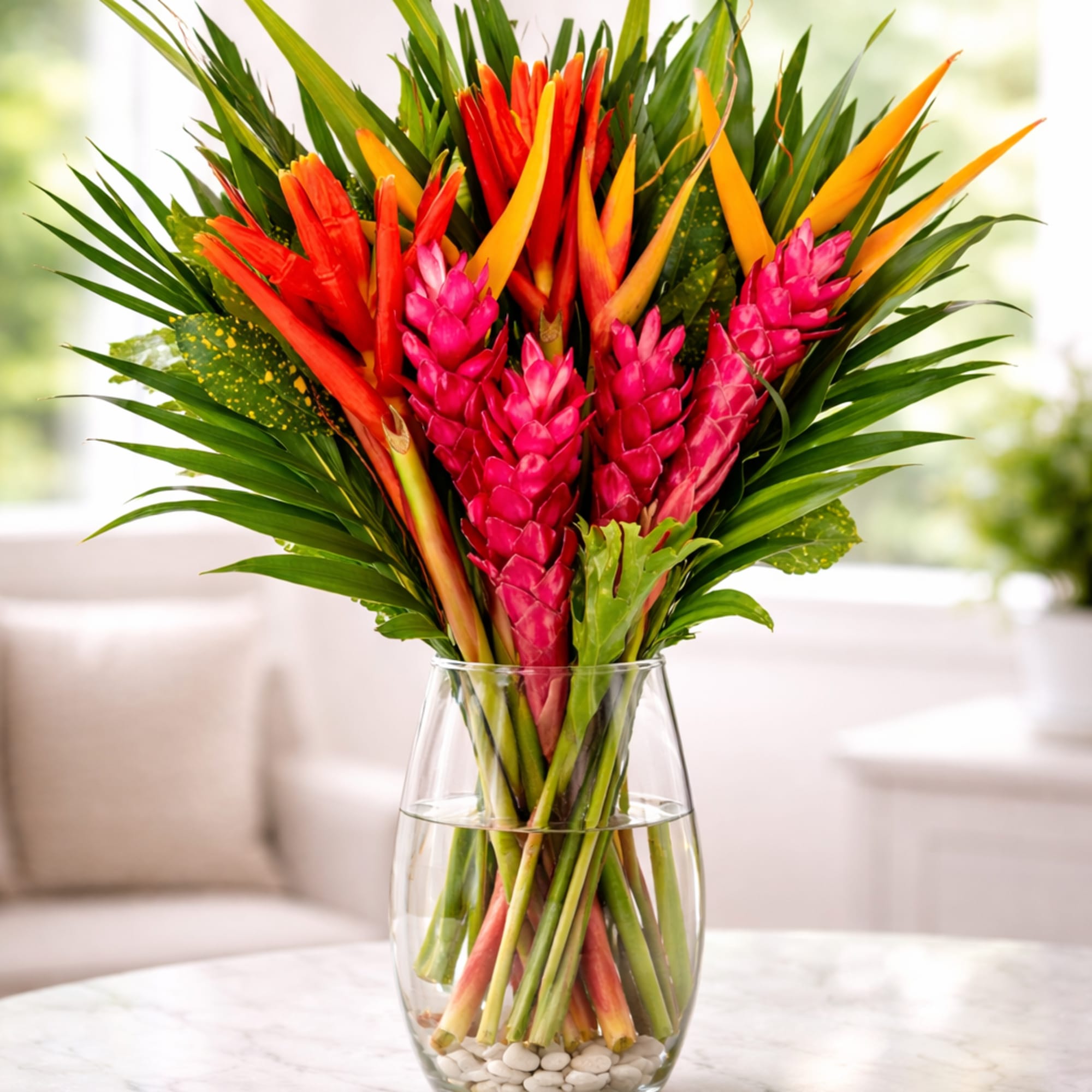 Tropical bouquet of pink and orange flowers in a clear glass vase