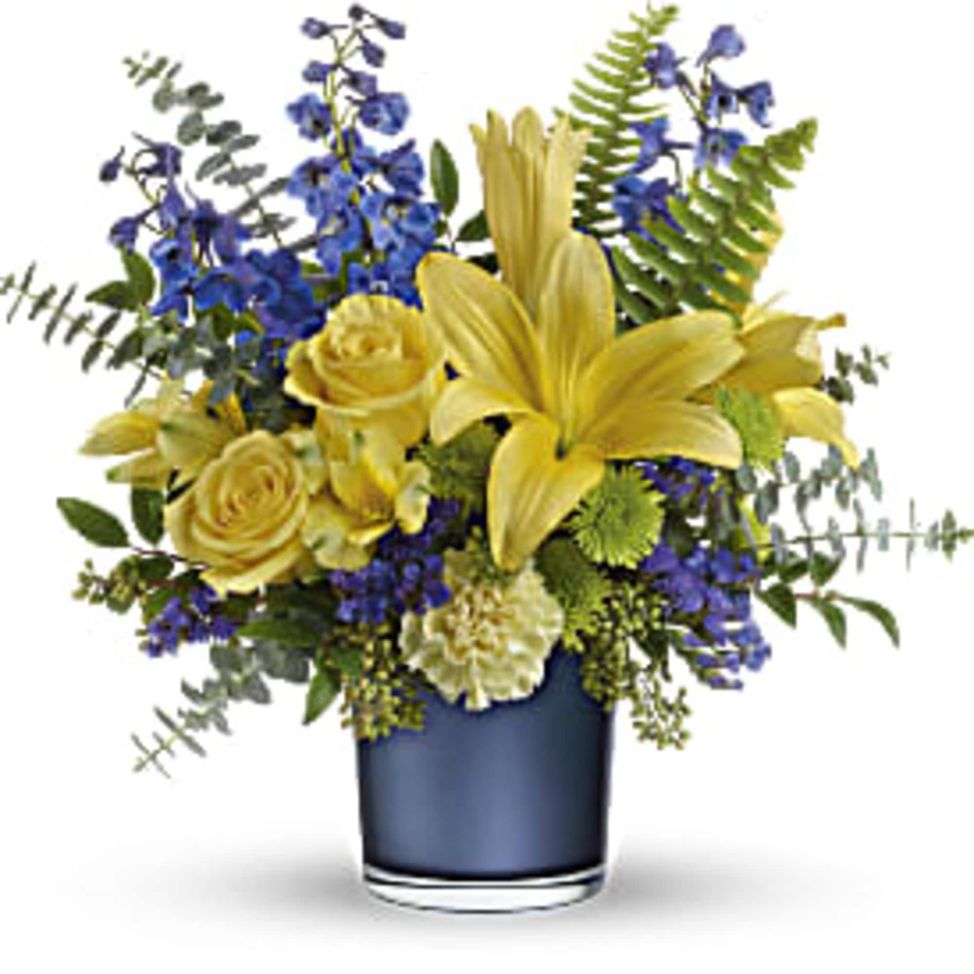 Yellow lilies and roses in a blue vase with blue flowers