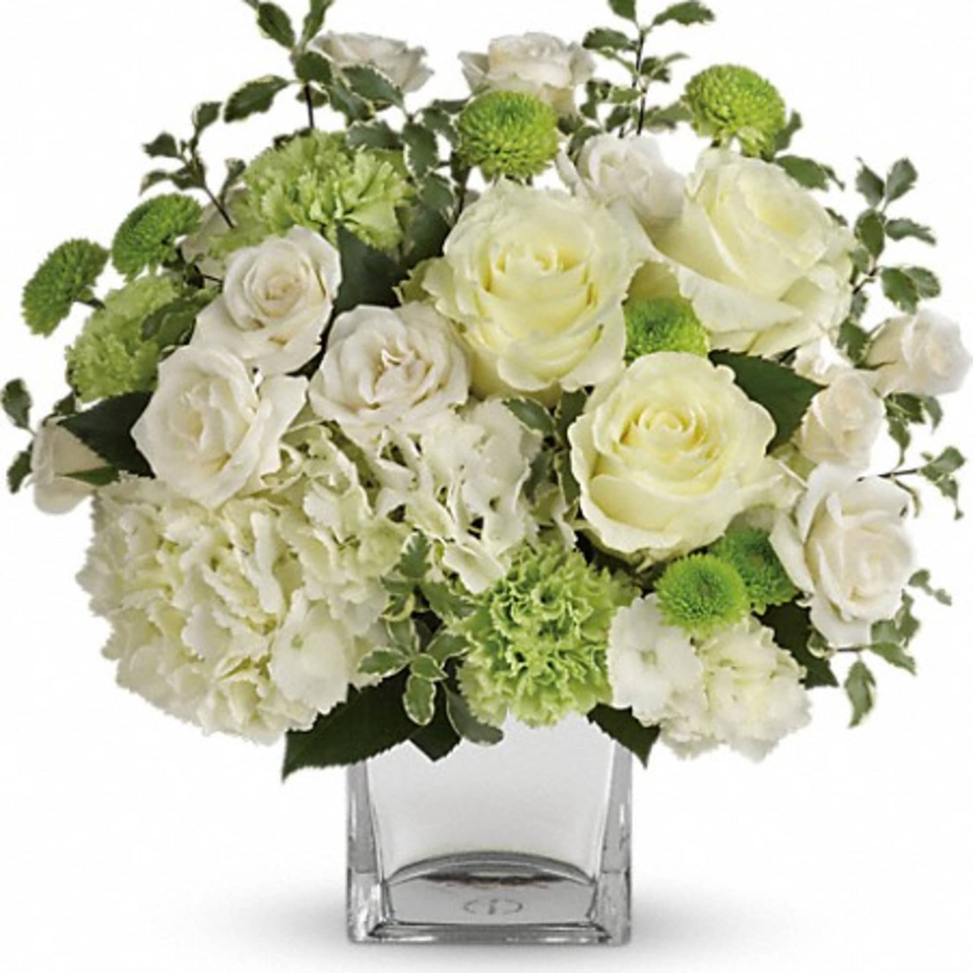 White roses and green pompons in a clear glass vase