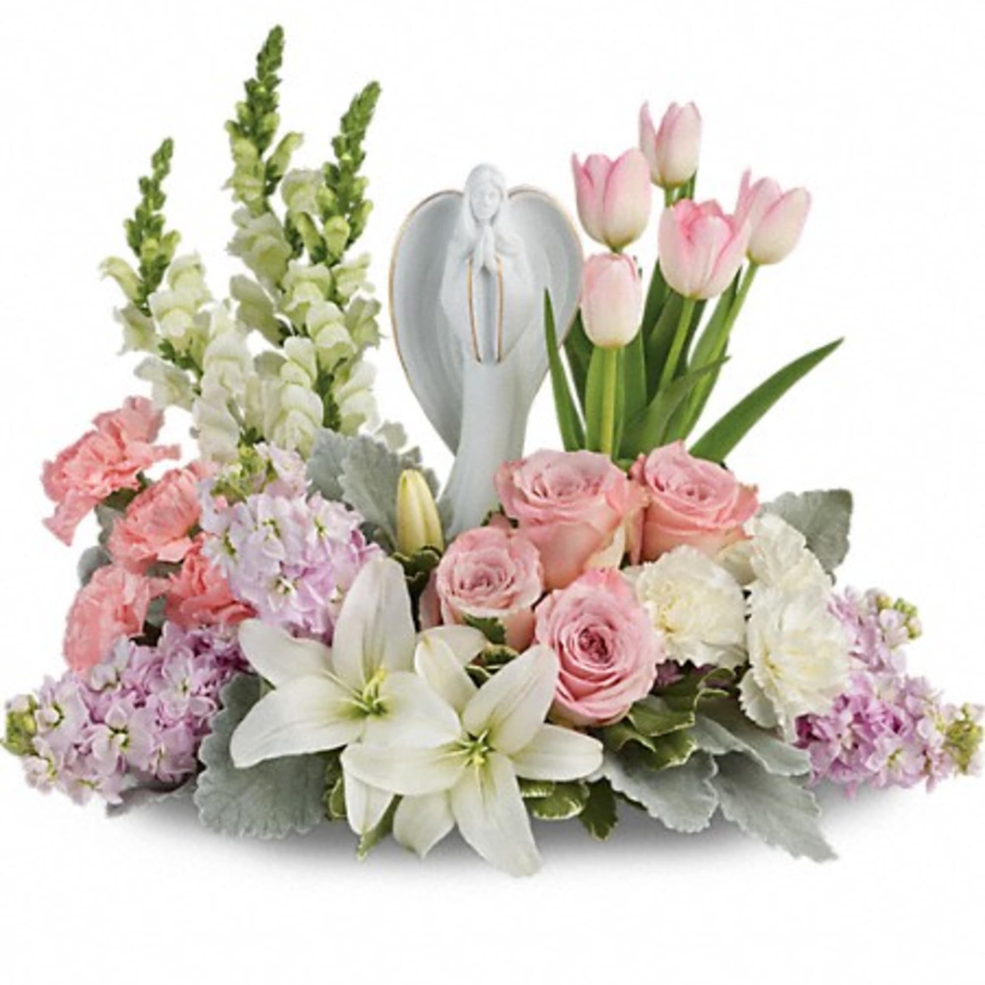 Pink and white floral arrangement with a white angel figurine, photo 2 of 3