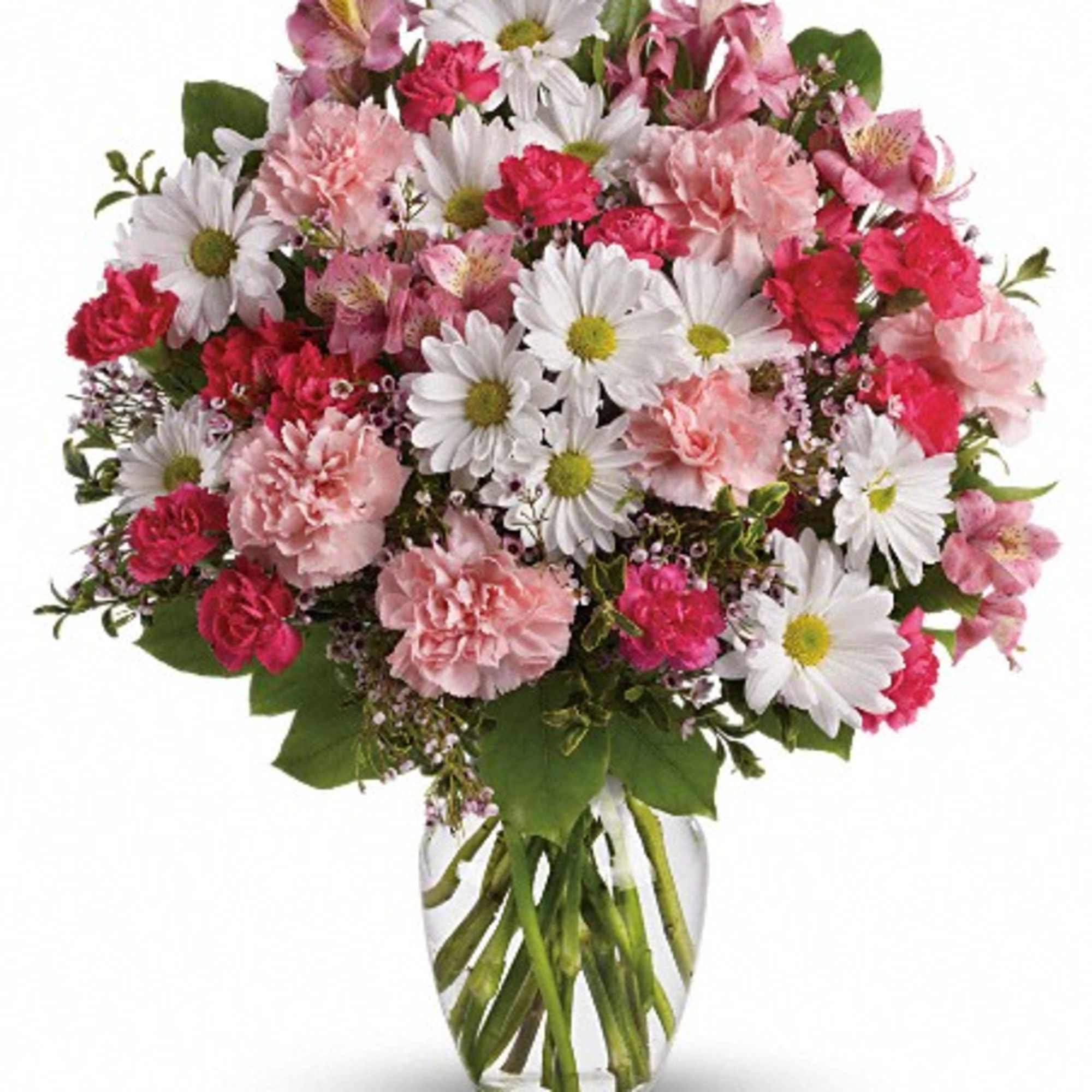 Pink carnations and white daisies in a clear glass vase