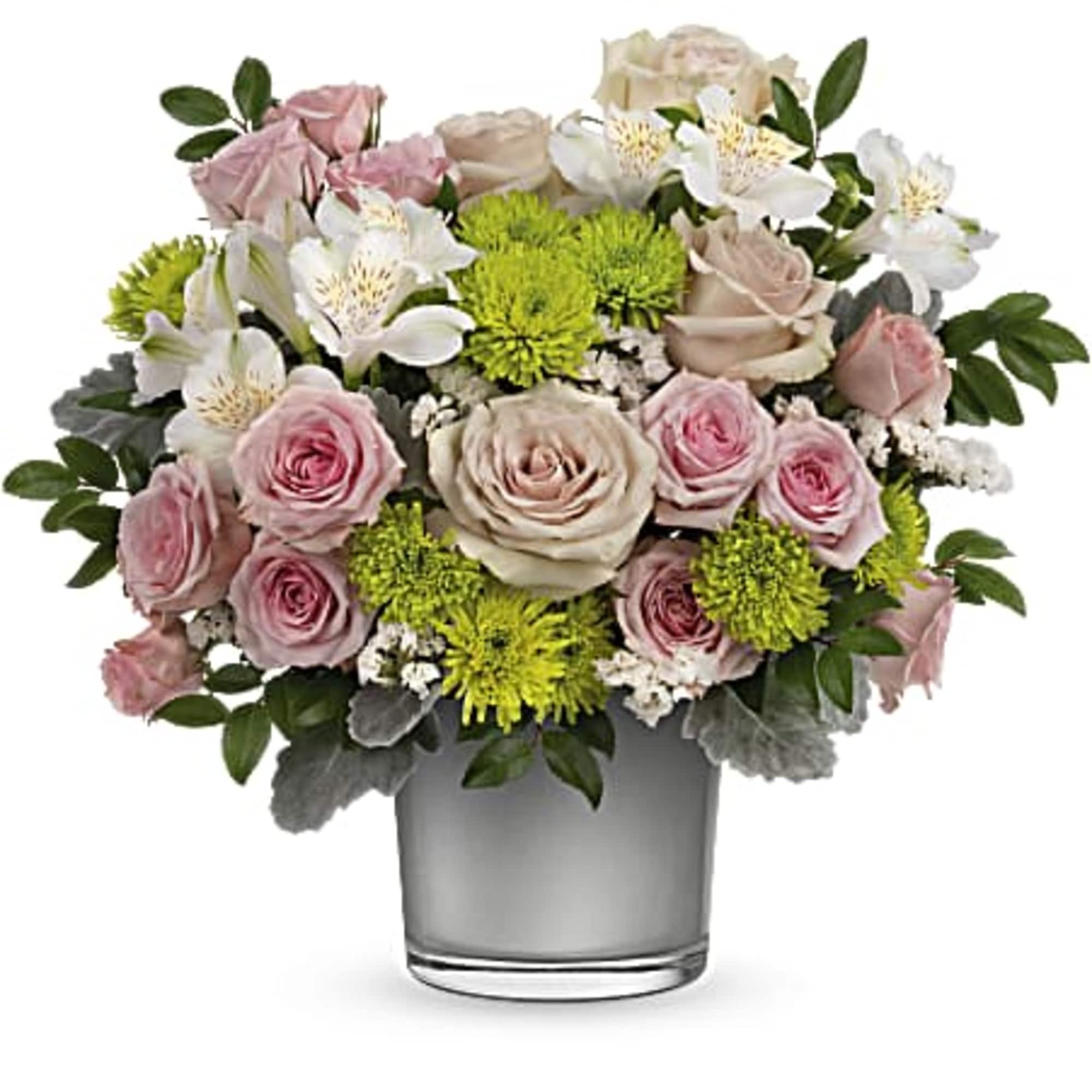 Presented in a shimmering silver moonstone glass vase, this feminine pink rose, photo 2 of 3
