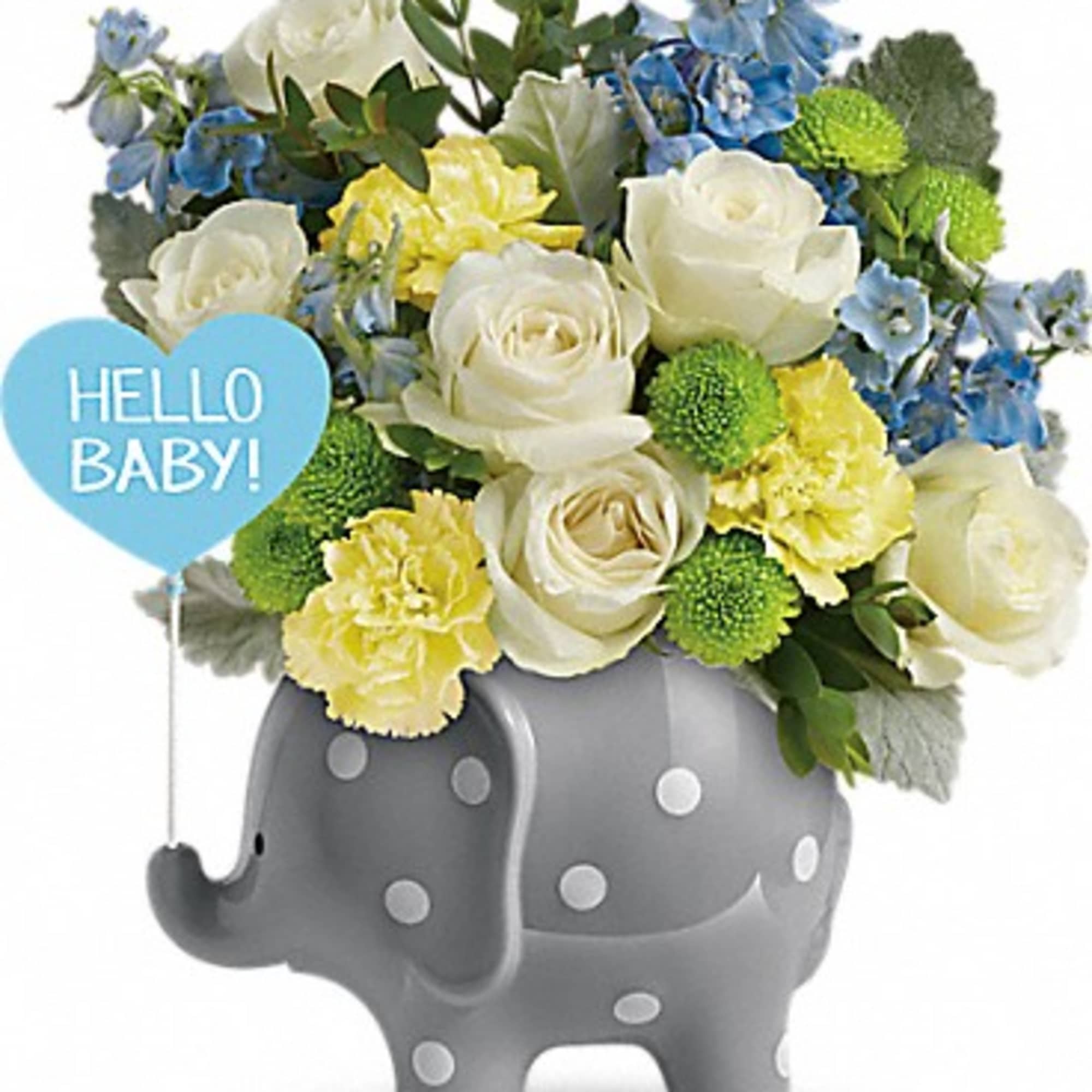 Bouquet of white roses, yellow carnations, and blue flowers in a gray elephant planter with a "Hello Baby" sign.