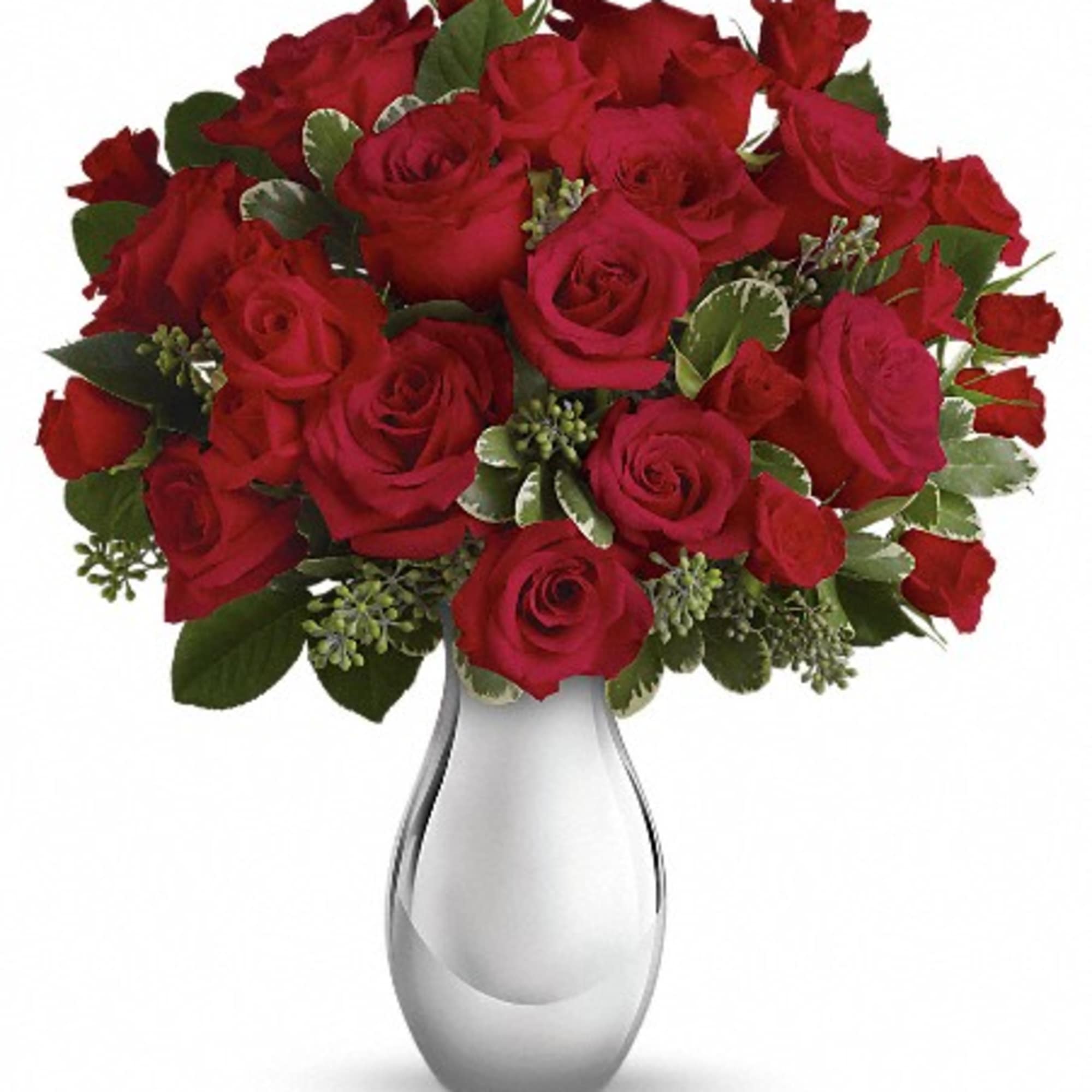 Bouquet of red roses in a silver vase