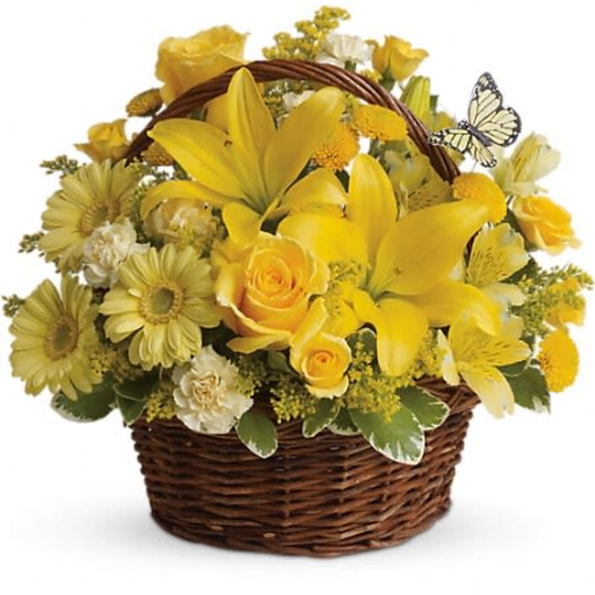 Yellow flowers arranged in a wicker basket with a butterfly decoration