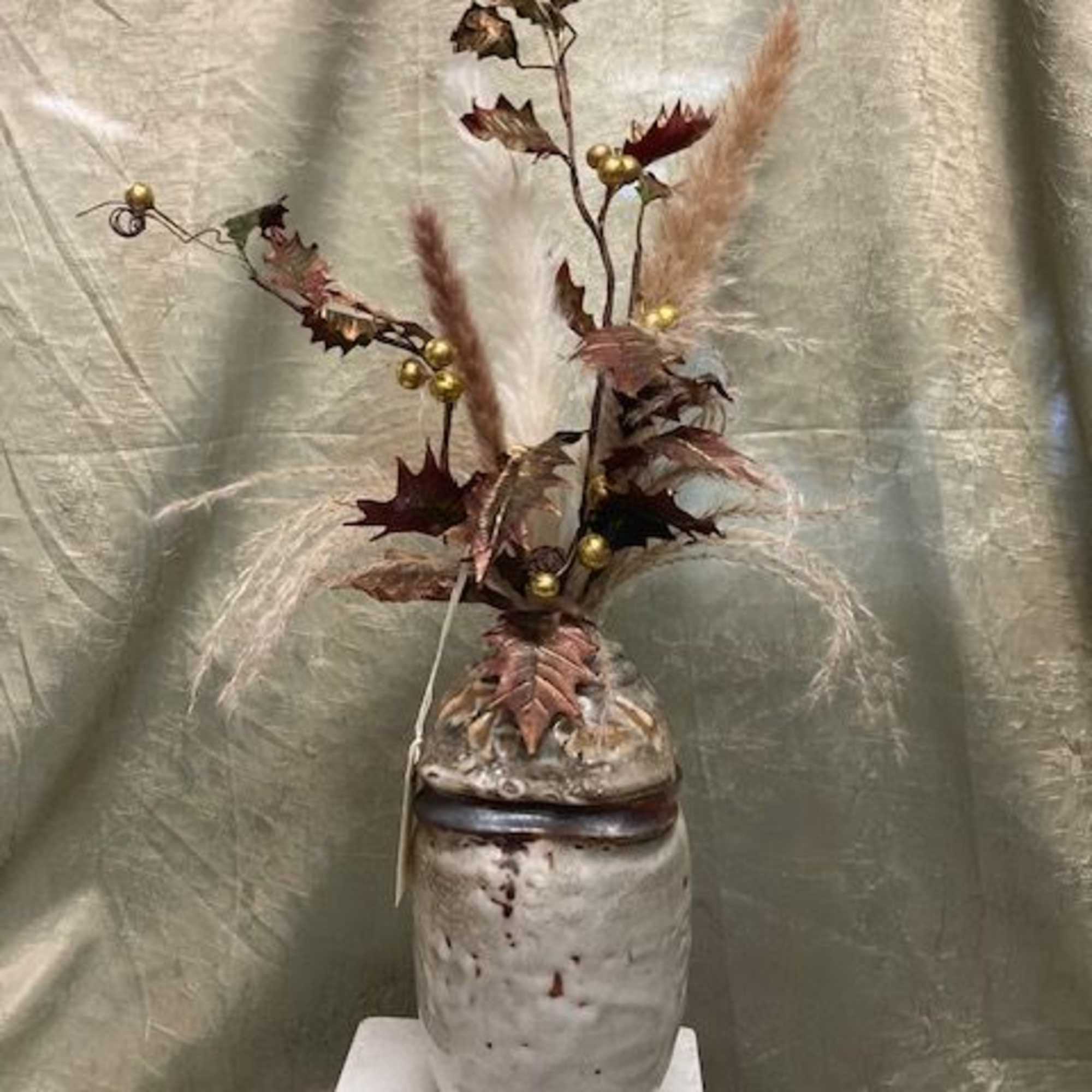 Tall dried floral arrangement in a ceramic vase with feathery plumes and gold accents, photo 3 of 3