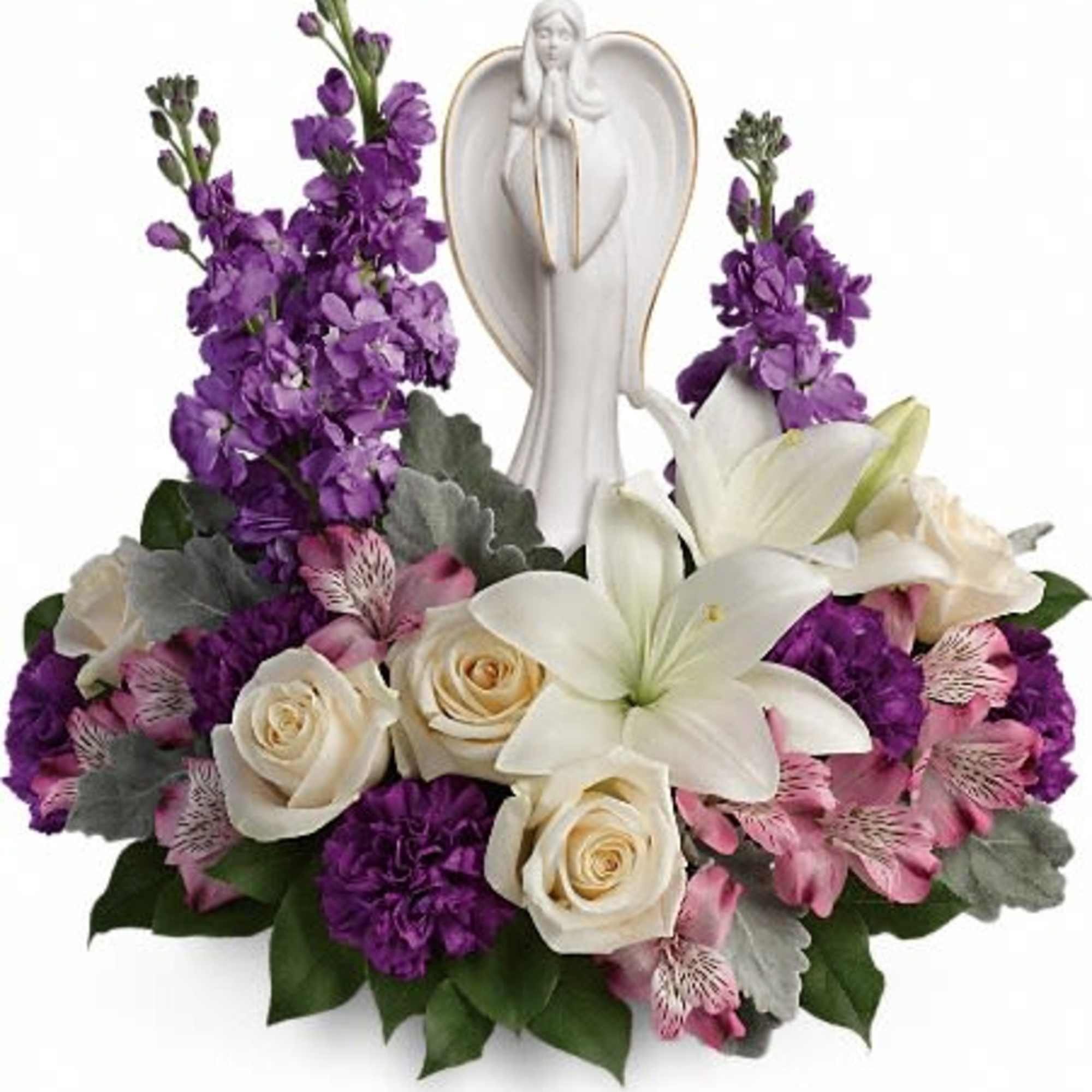 Purple and white floral arrangement with an angel figurine centerpiece
