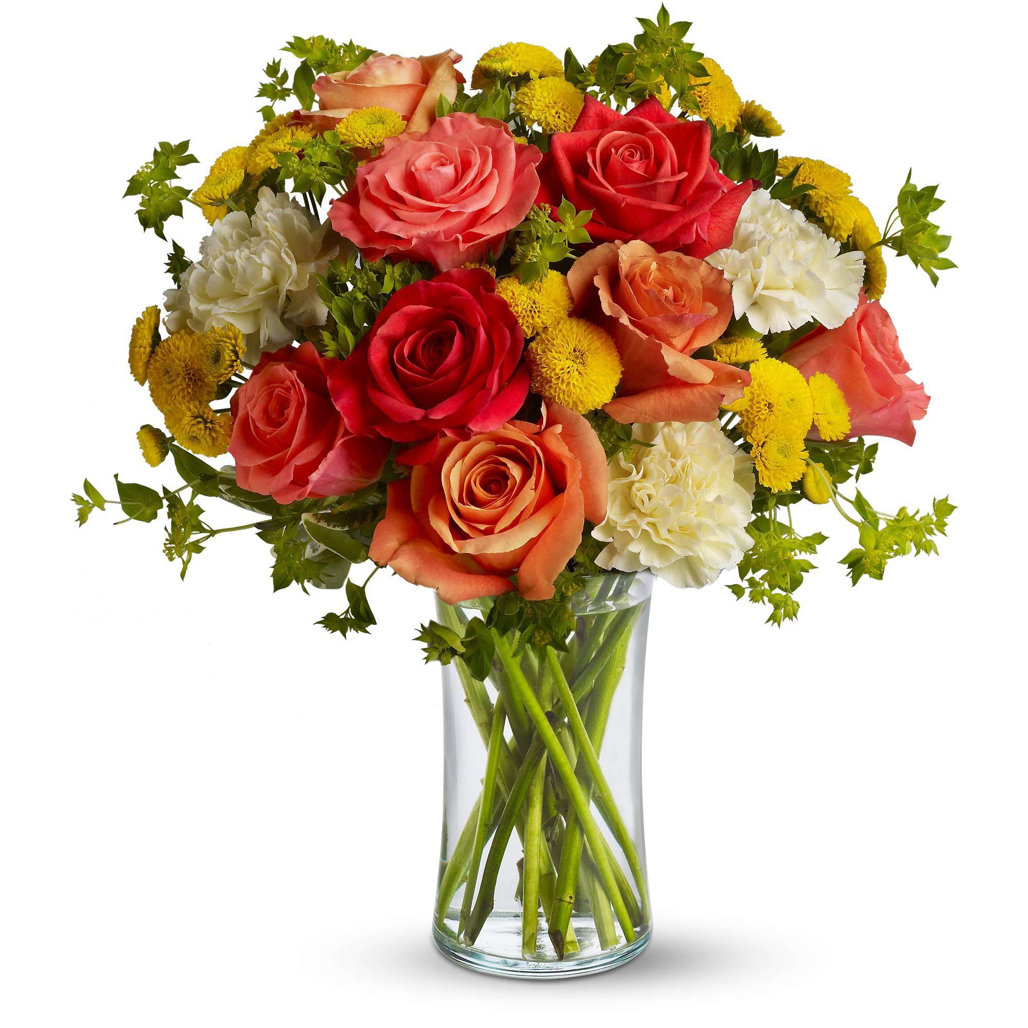 Mixed bouquet of roses, carnations, and yellow pompons in a clear glass vase