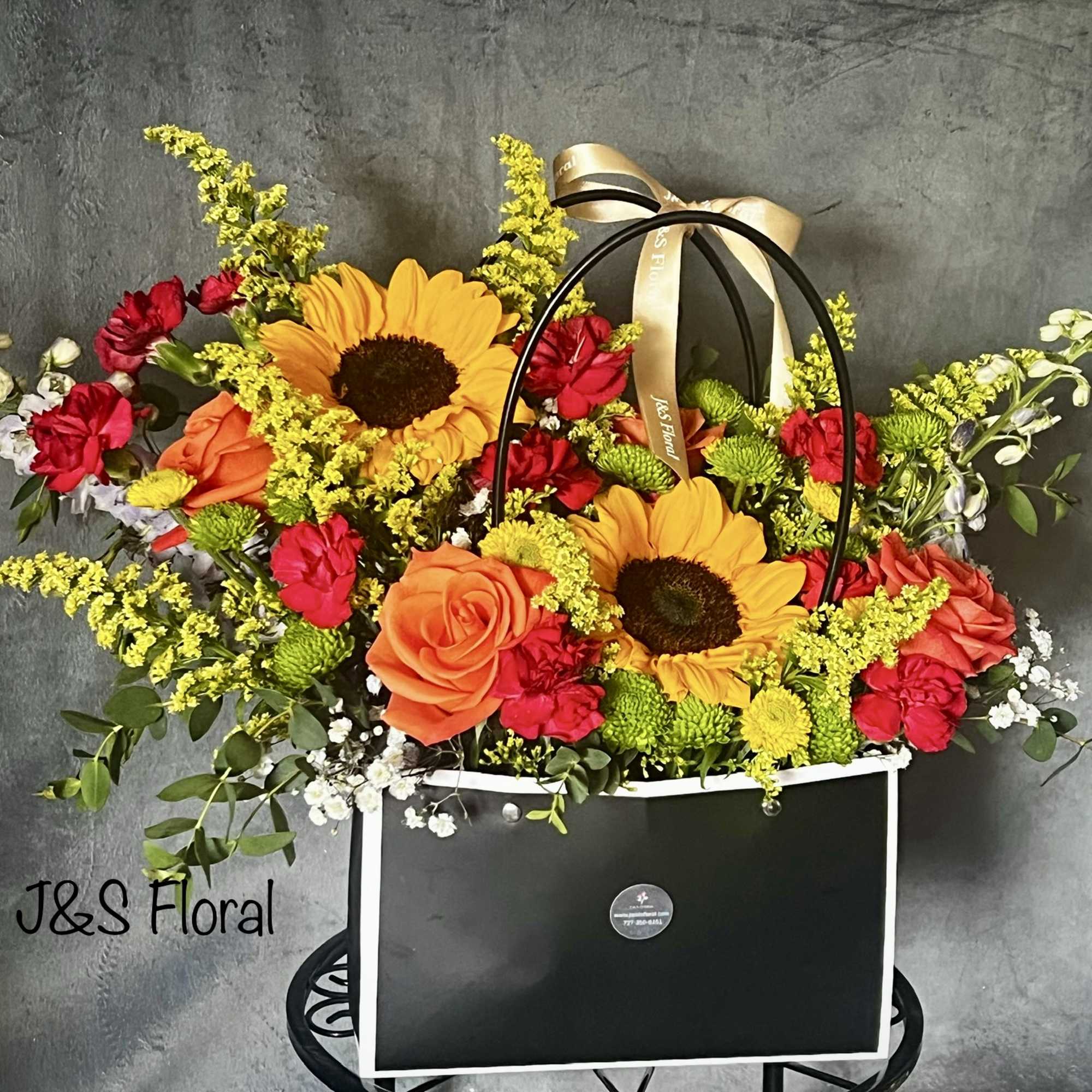 Introducing our design Surprise Me! Beautifully arranged with sunflowers, roses , delphiniums, photo 2 of 2