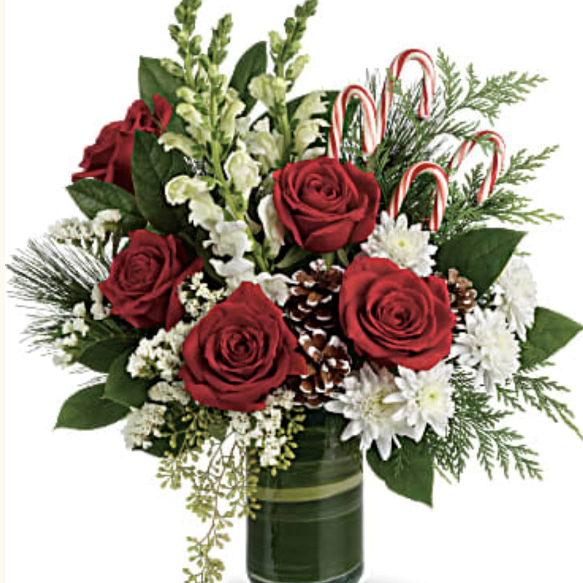 Fragrant Pine and cedar join gorgeous fluffy roses and snap dragons and