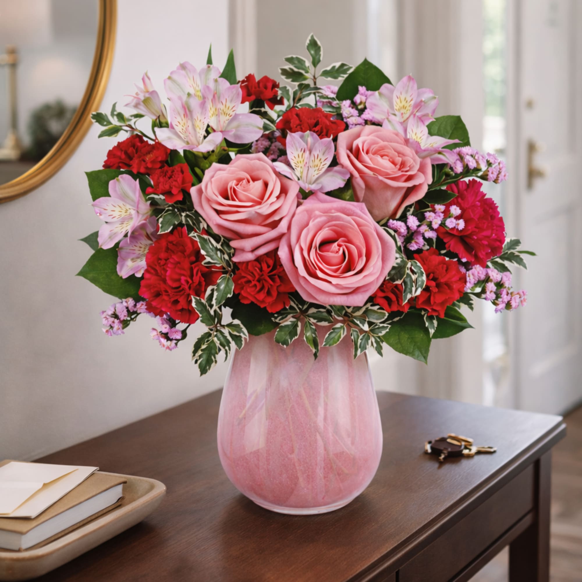Pink roses and red carnations in a pink glass vase