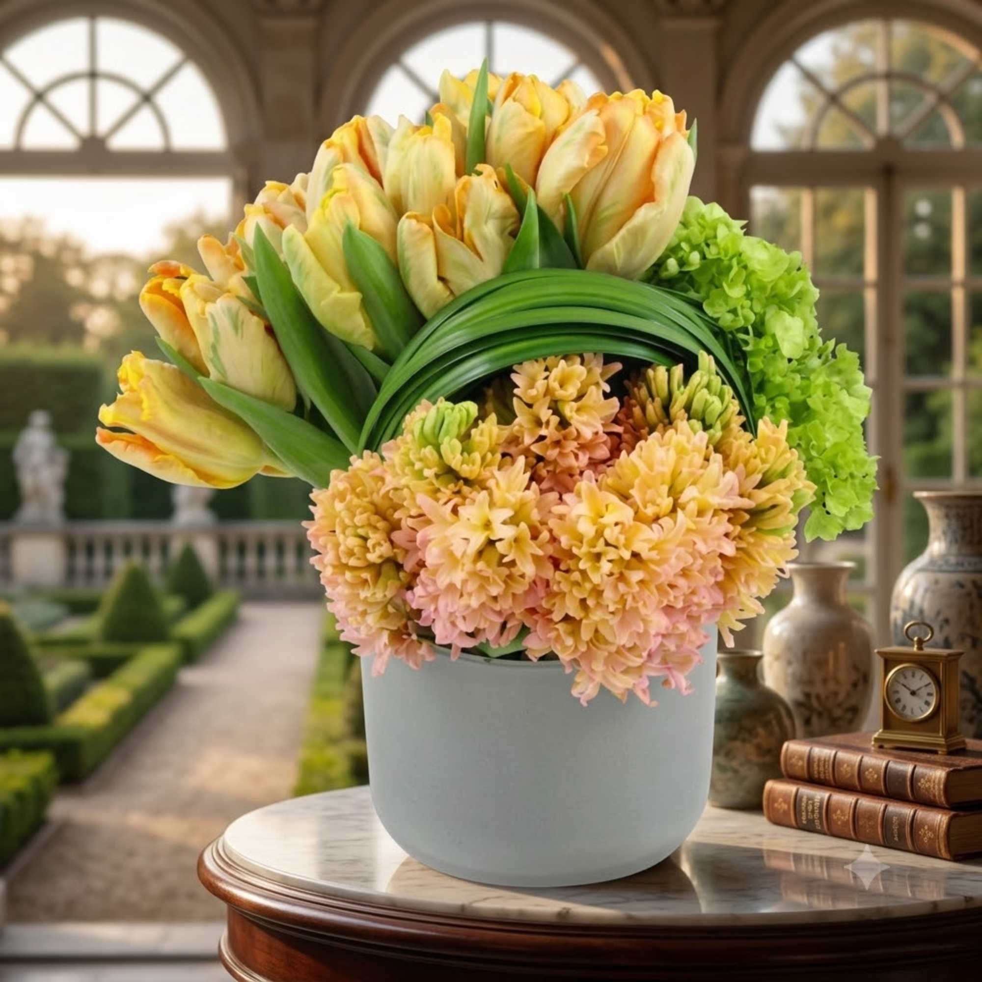 Yellow tulips and peach chrysanthemums in a white vase