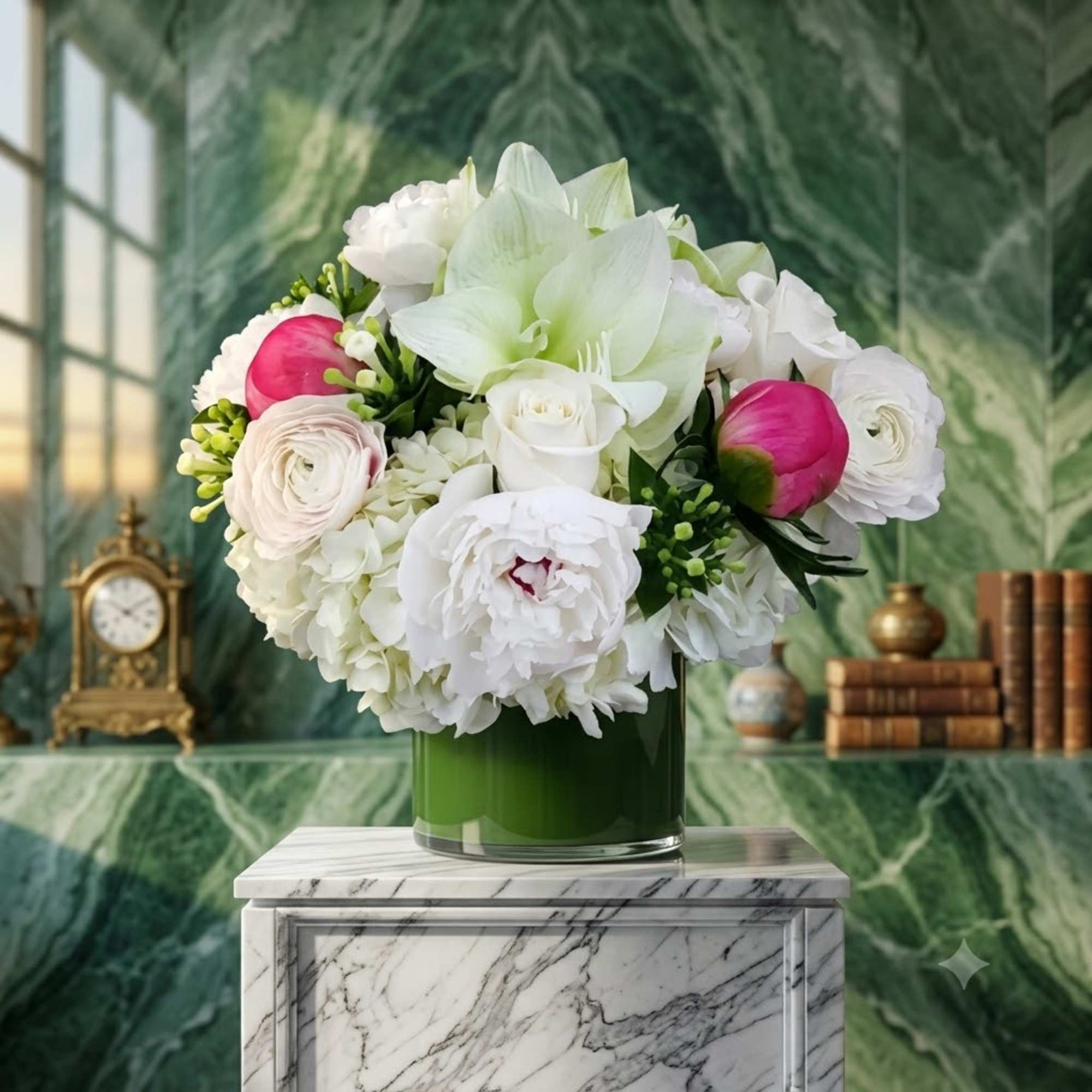 White and pink floral arrangement in a green glass vase