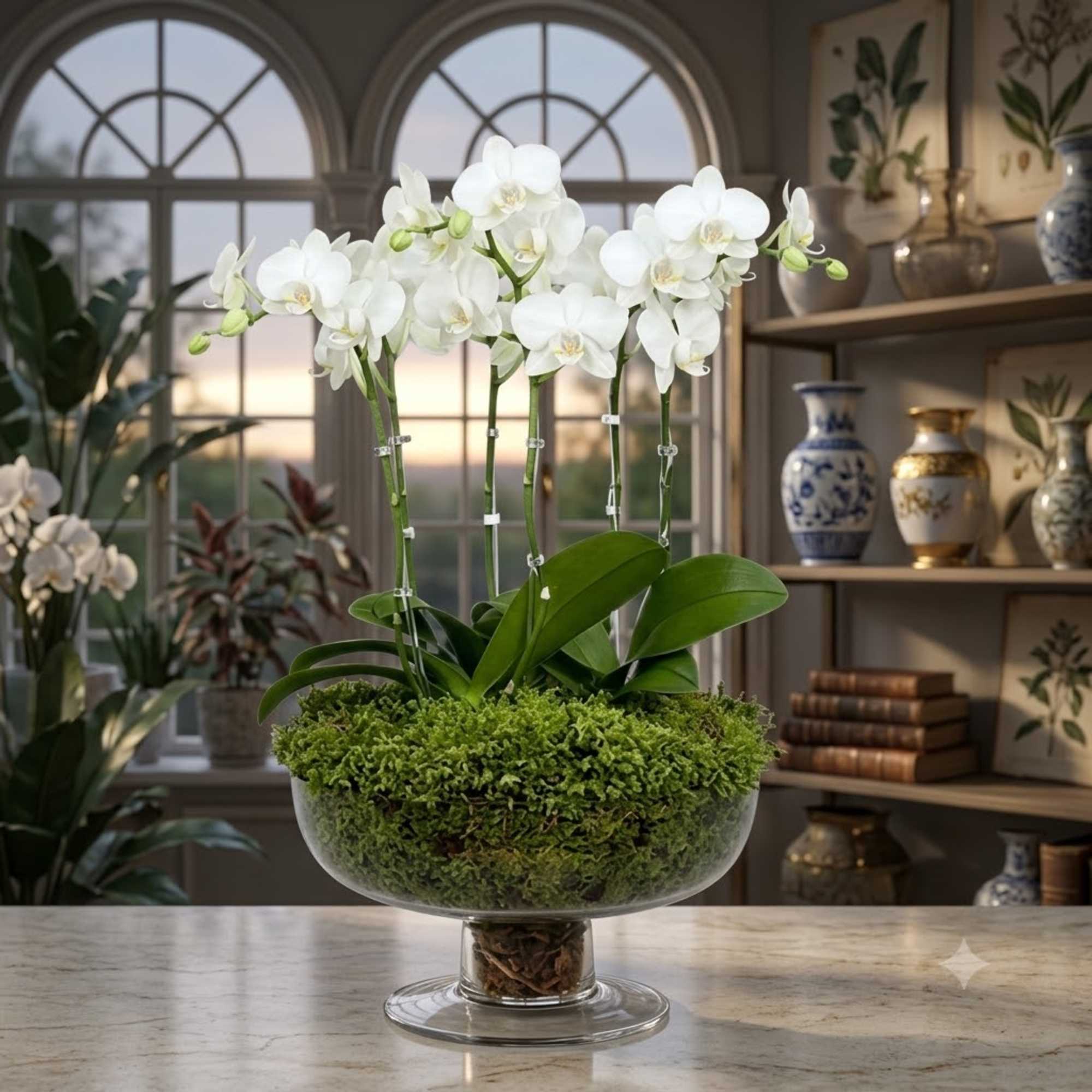 White orchids in a glass bowl planter with moss