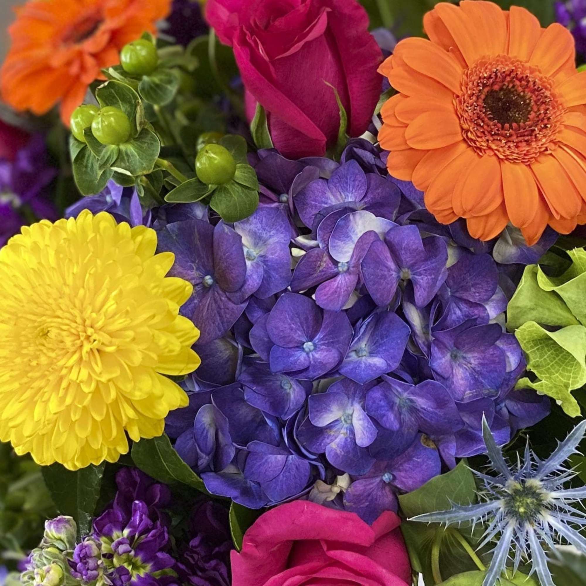 Colorful bouquet with roses, hydrangea, gerbera daisies, and chrysanthemums