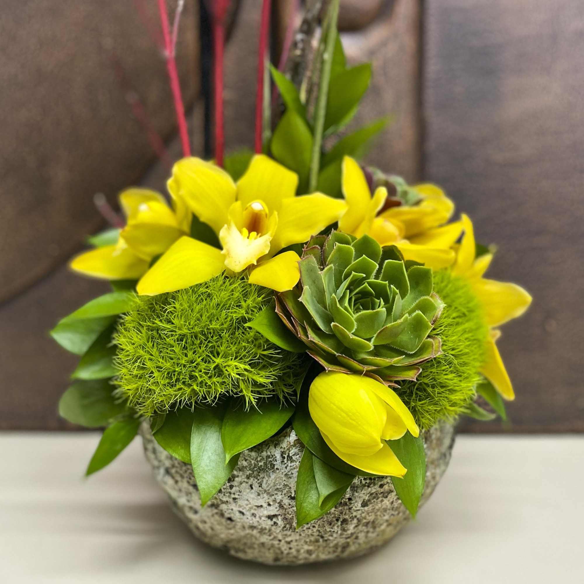 Yellow orchids and green succulents in a stone bowl
