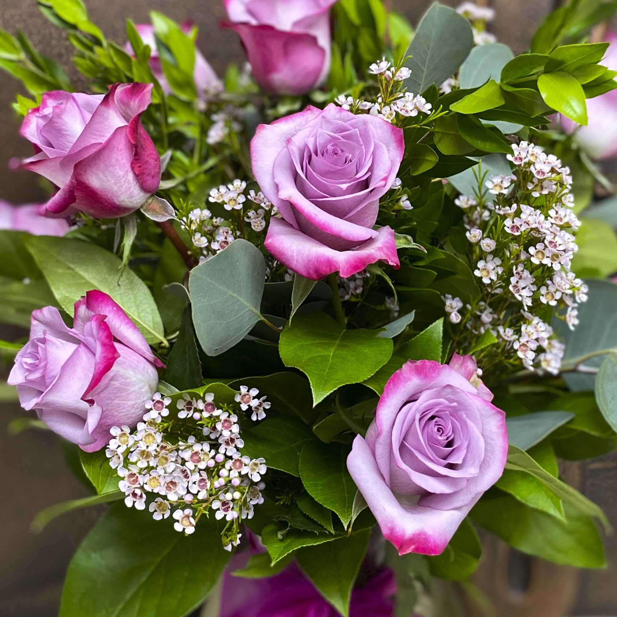 Bouquet of lavender roses with small white filler flowers
