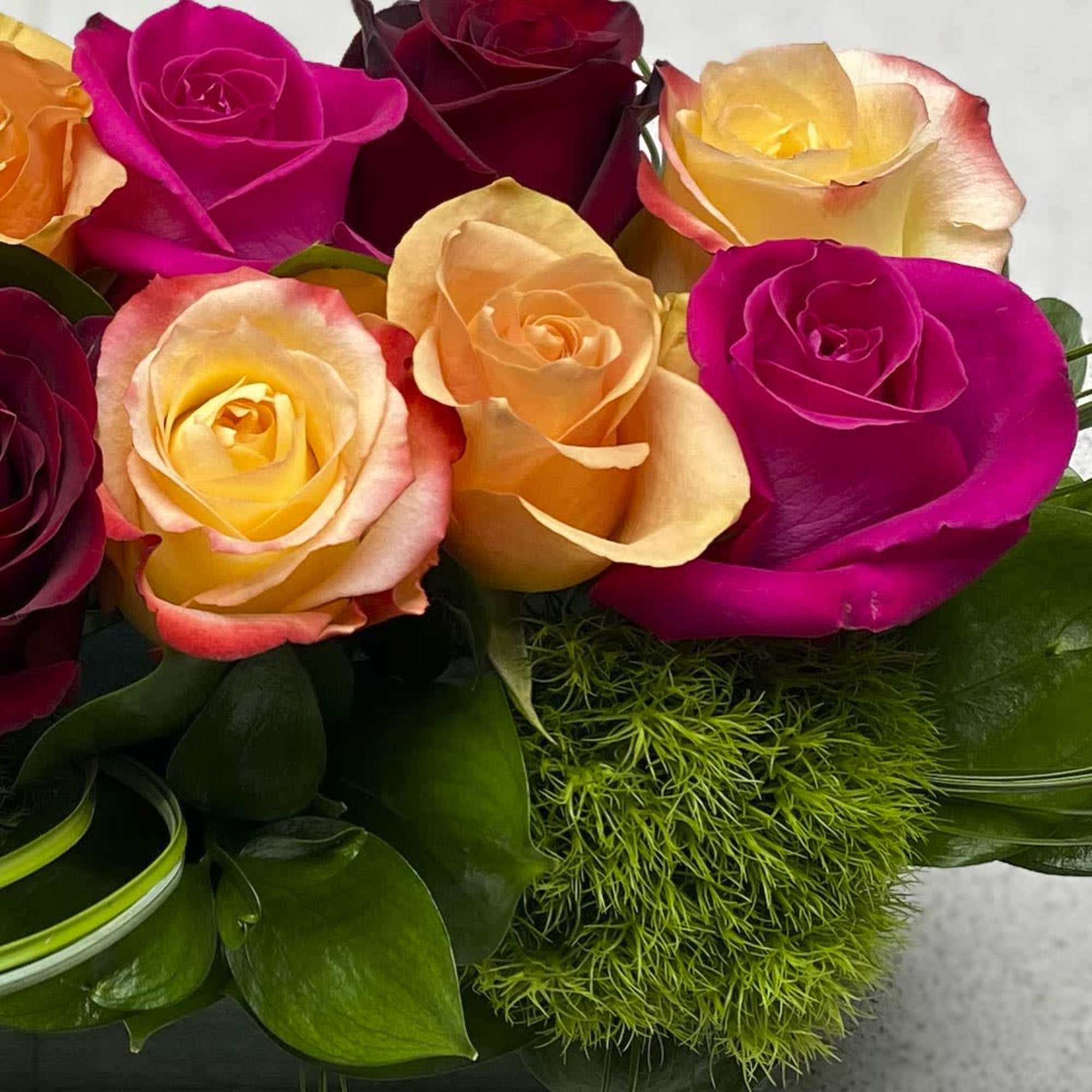 Low arrangement of mixed pink, red, and peach roses with bright green textured accents.