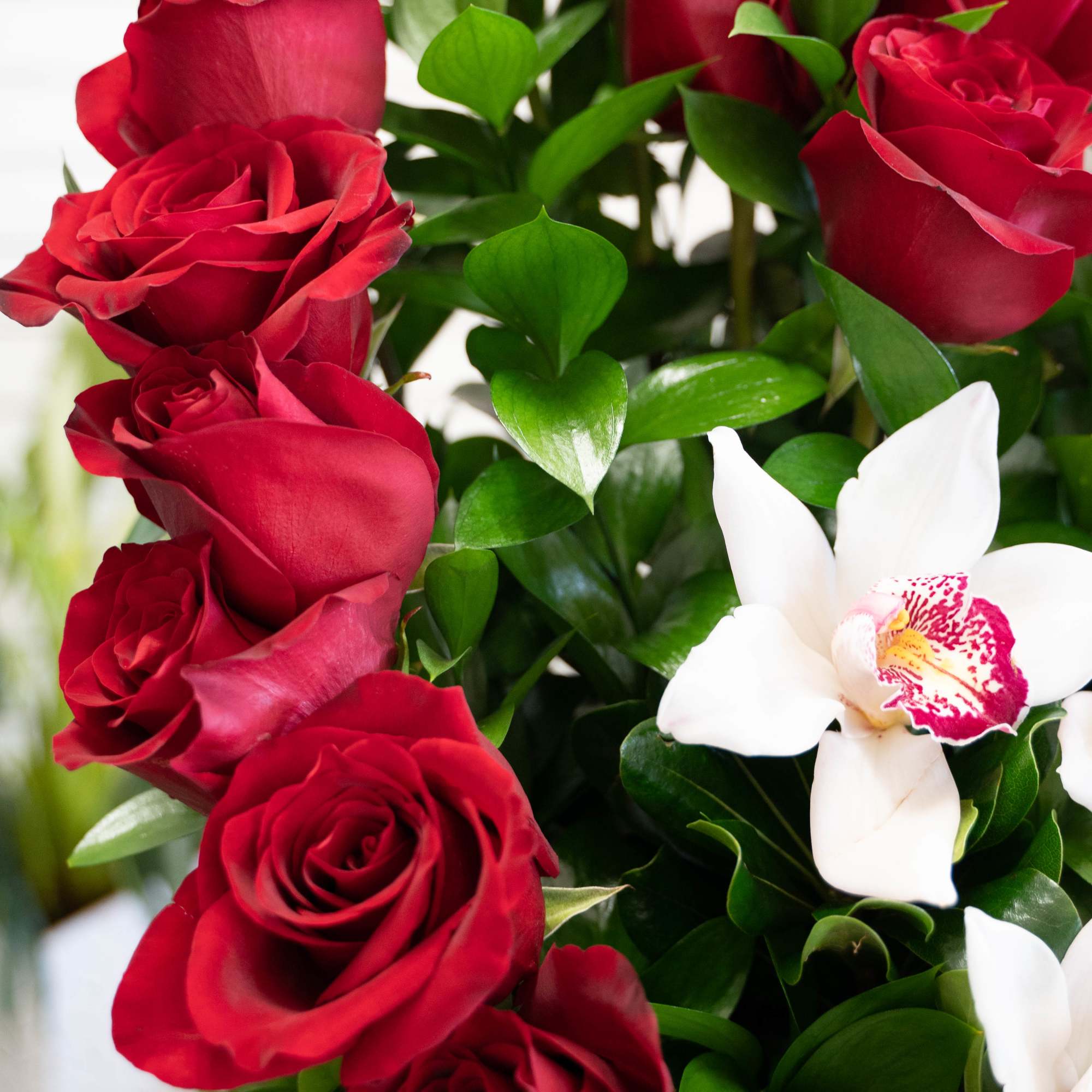 Bouquet of red roses with a white orchid bloom