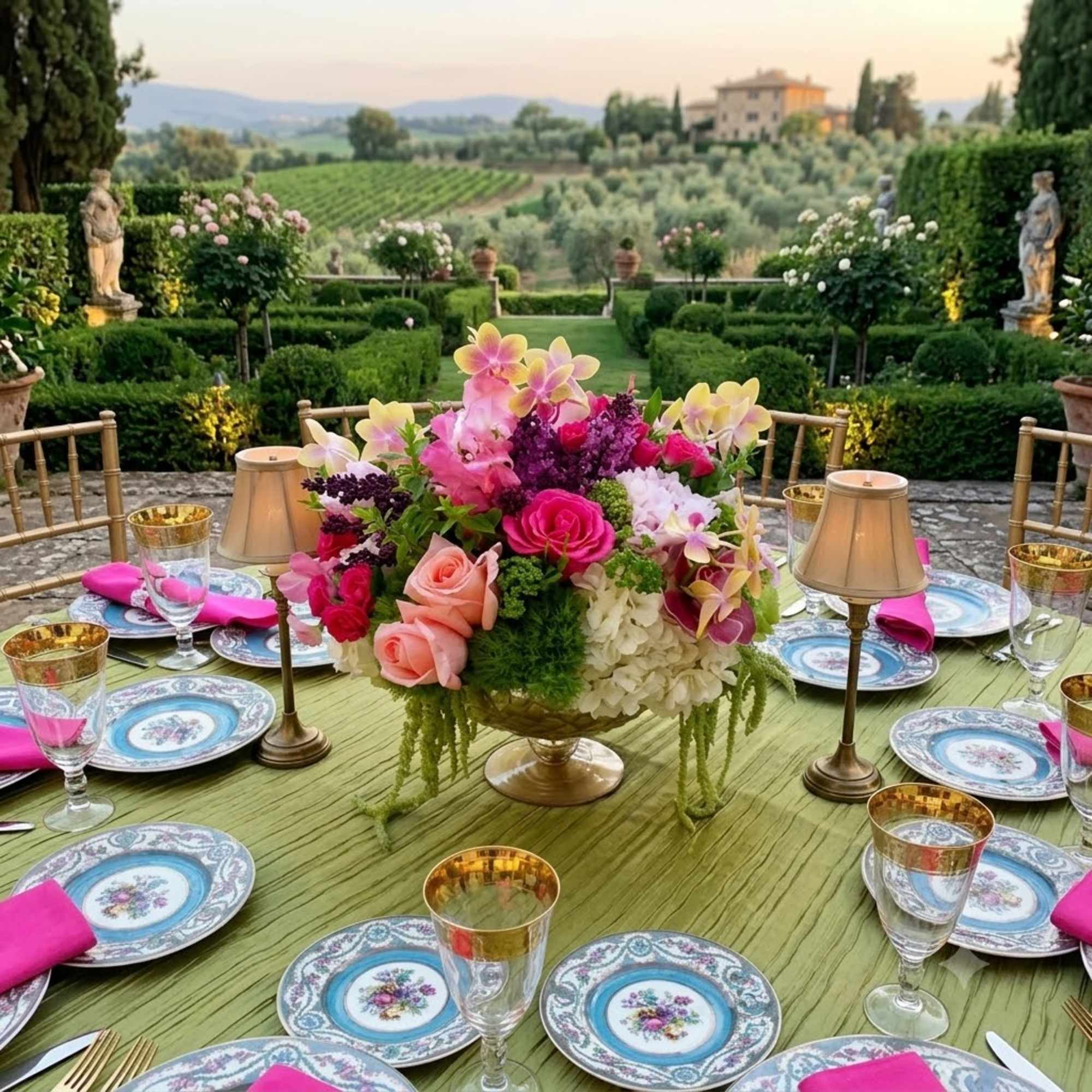 Large floral centerpiece on a decorated outdoor table with pink and yellow blooms